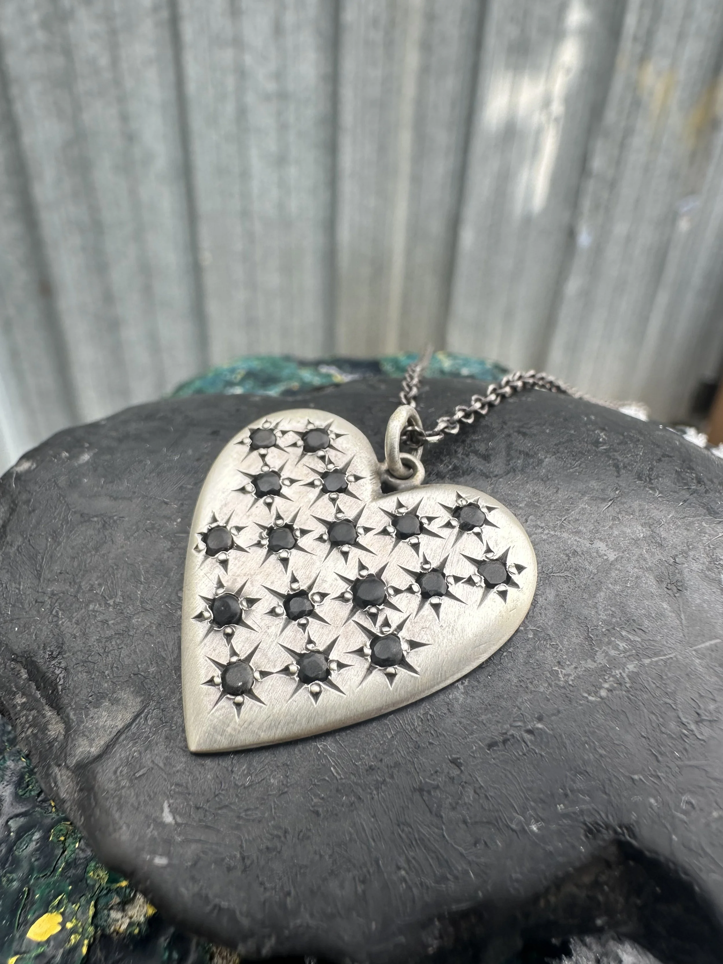 Jane Diaz Black Onyx Star Set Heart Pendant Necklace