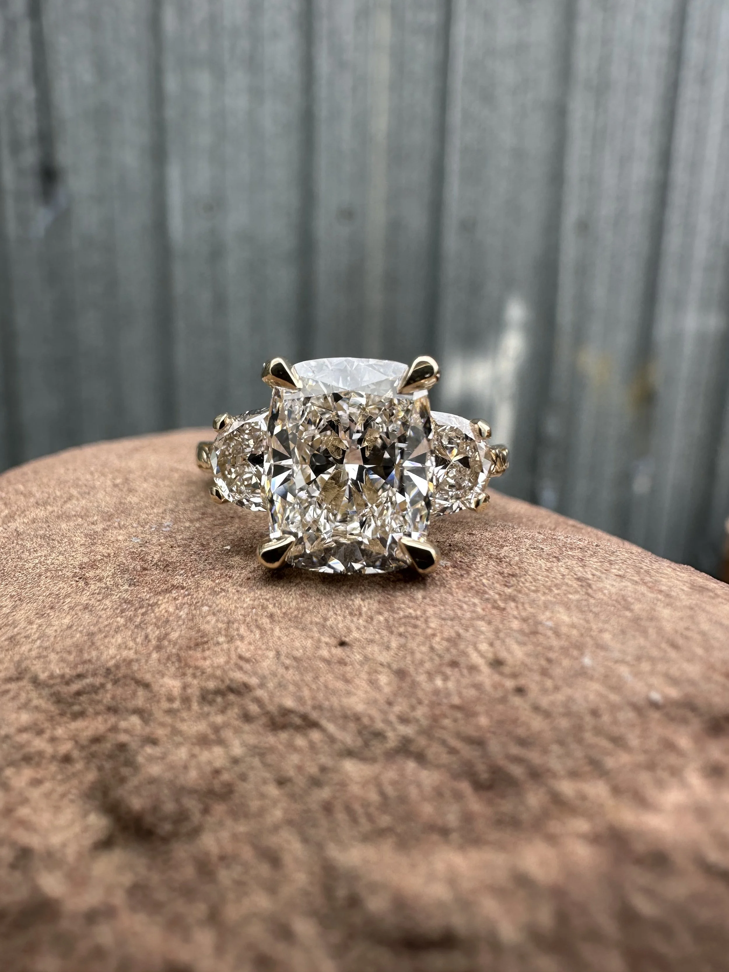 14K Lab Grown Diamond Cushion with Half Moons Three Stone Engagement Ring