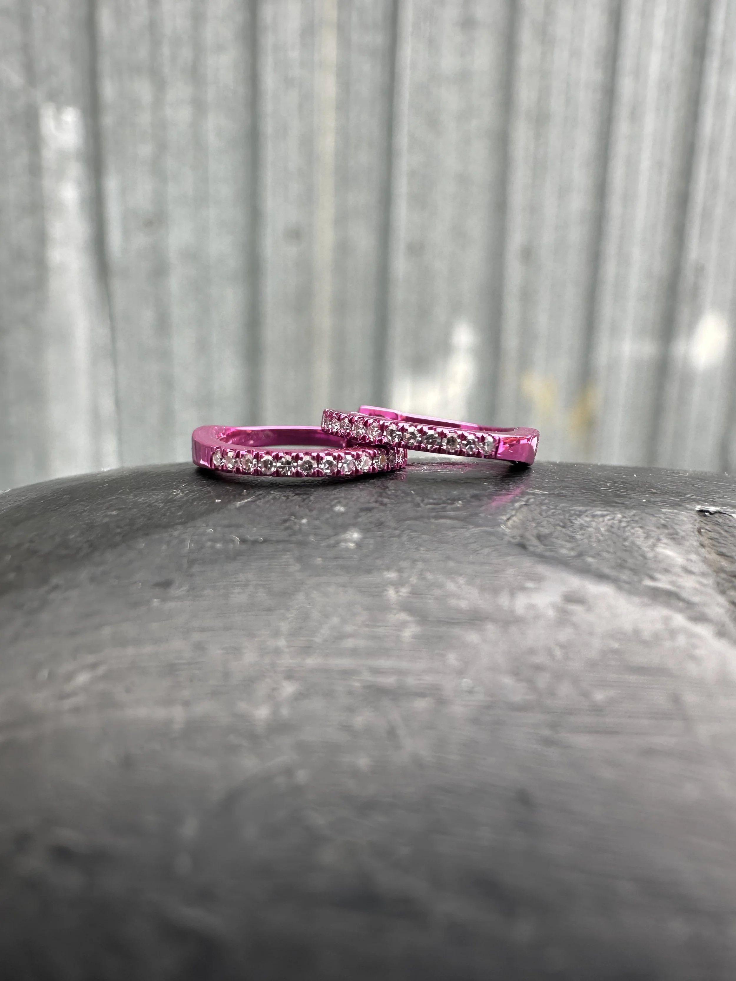 14K Gold and Diamond Hot Pink Plated Huggie Hoop Earring