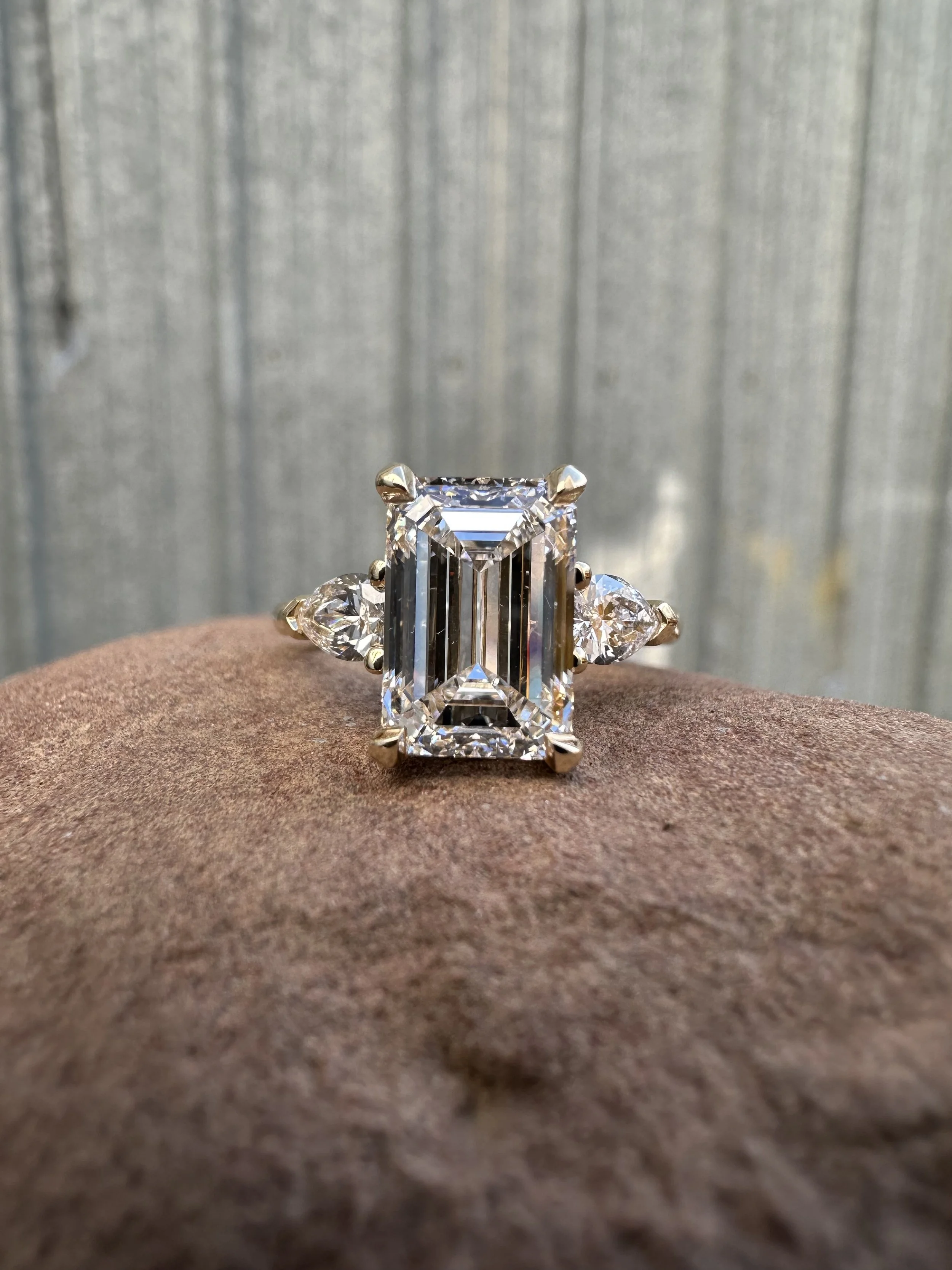 14K Lab Grown Diamond Emerald with Pear Three Stone Engagement Ring