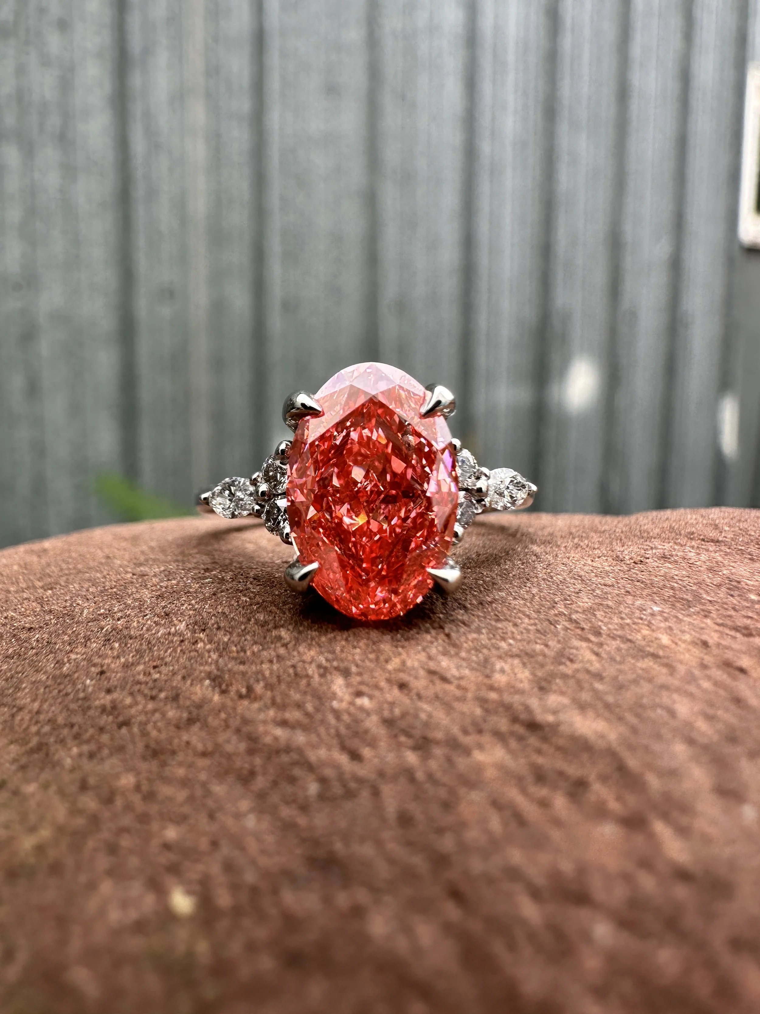 2.92 Peach/Pink Lab Grown Oval Diamond Engagement Ring