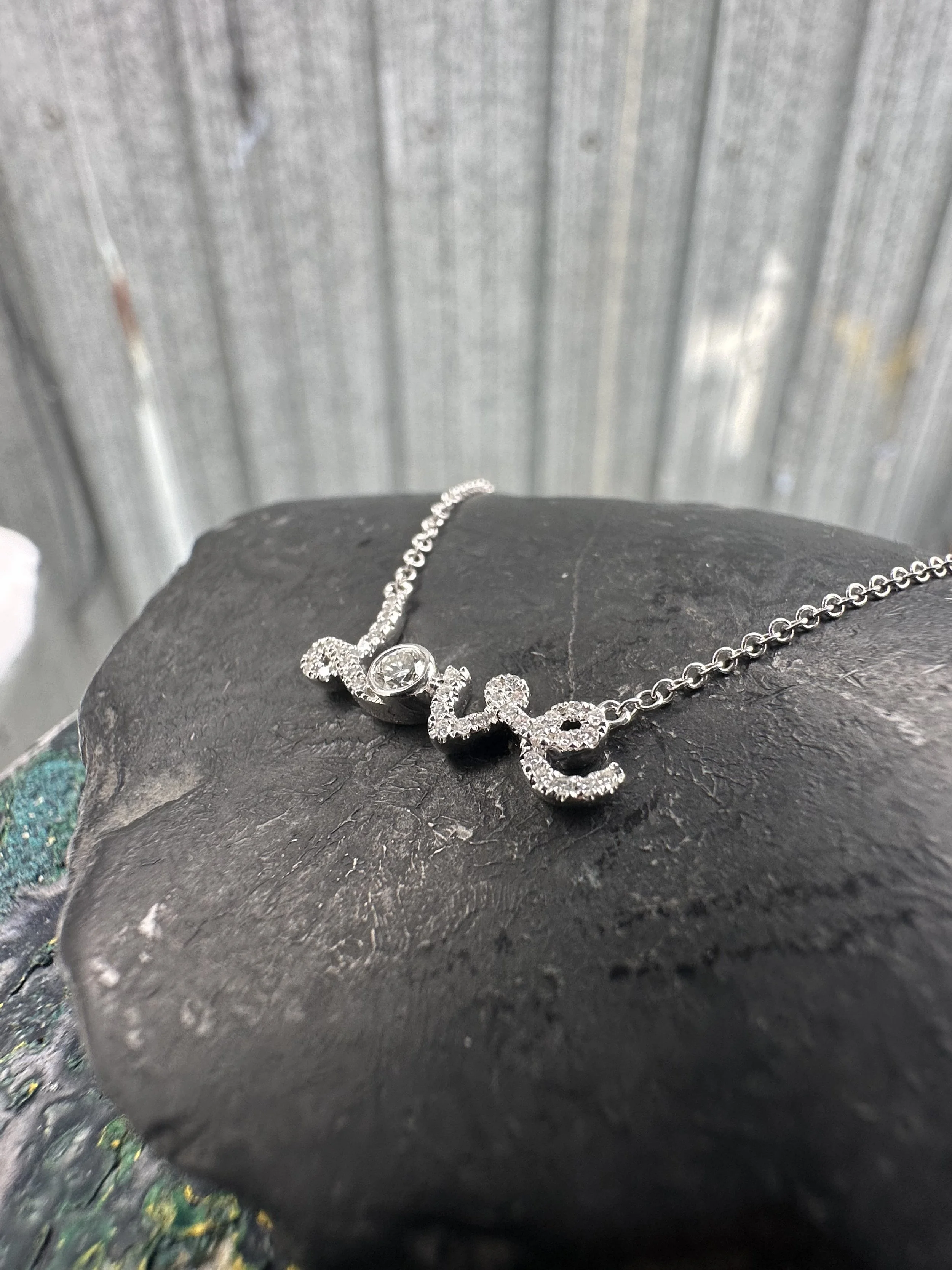 14K White Gold Diamond Love Necklace