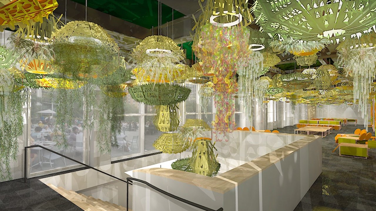 A rendering of the Commons, a hybrid lounge-workshop-performance space, which is being designed for the museum by the Mexico City design team Pedro y Juana, c/o New York Times.