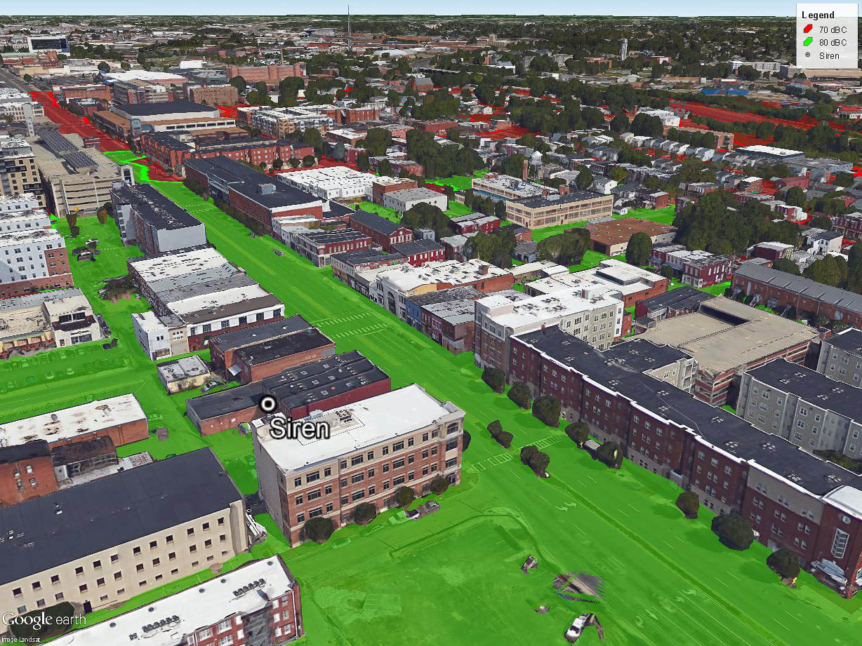 VCU Urban Siren Assessment, VA BRRC created siren coverage maps for the Virginia Commonwealth University using the commercial acoustic modeling software SoundPLAN. This project required developing a three-dimensional model of downtown Richmond, VA, which included all major buildings near VCU (over 750 in total), and modeling of multiple siren configurations. The resultant calculations aided VCU’s assessment of appropriate siren coverage for their campus.