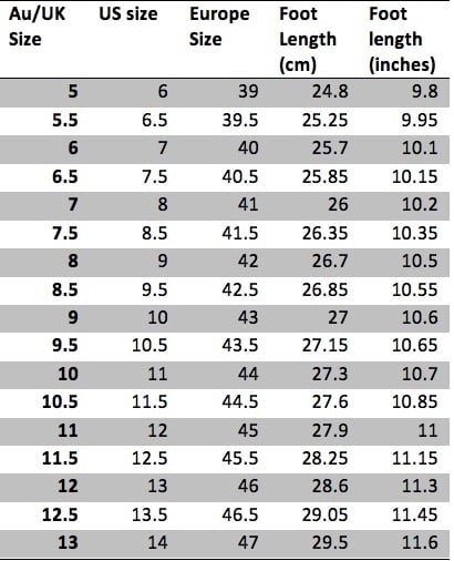 Lester Shoes Size Guide