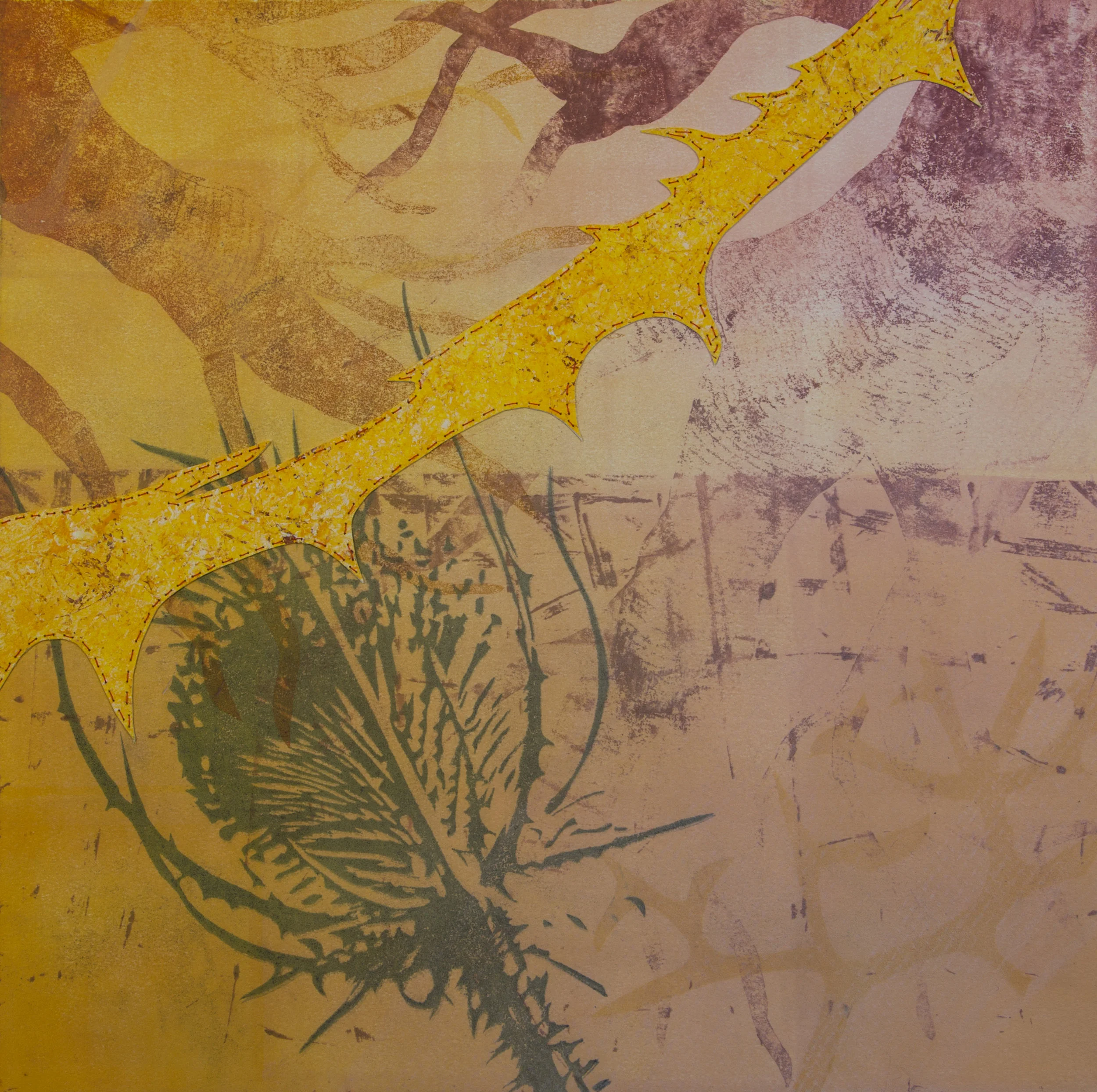 Intrude13.5" x 13.5"Relief, Collagraph, Pochoir, Drypoint, Monotype, Needle and Thread2016