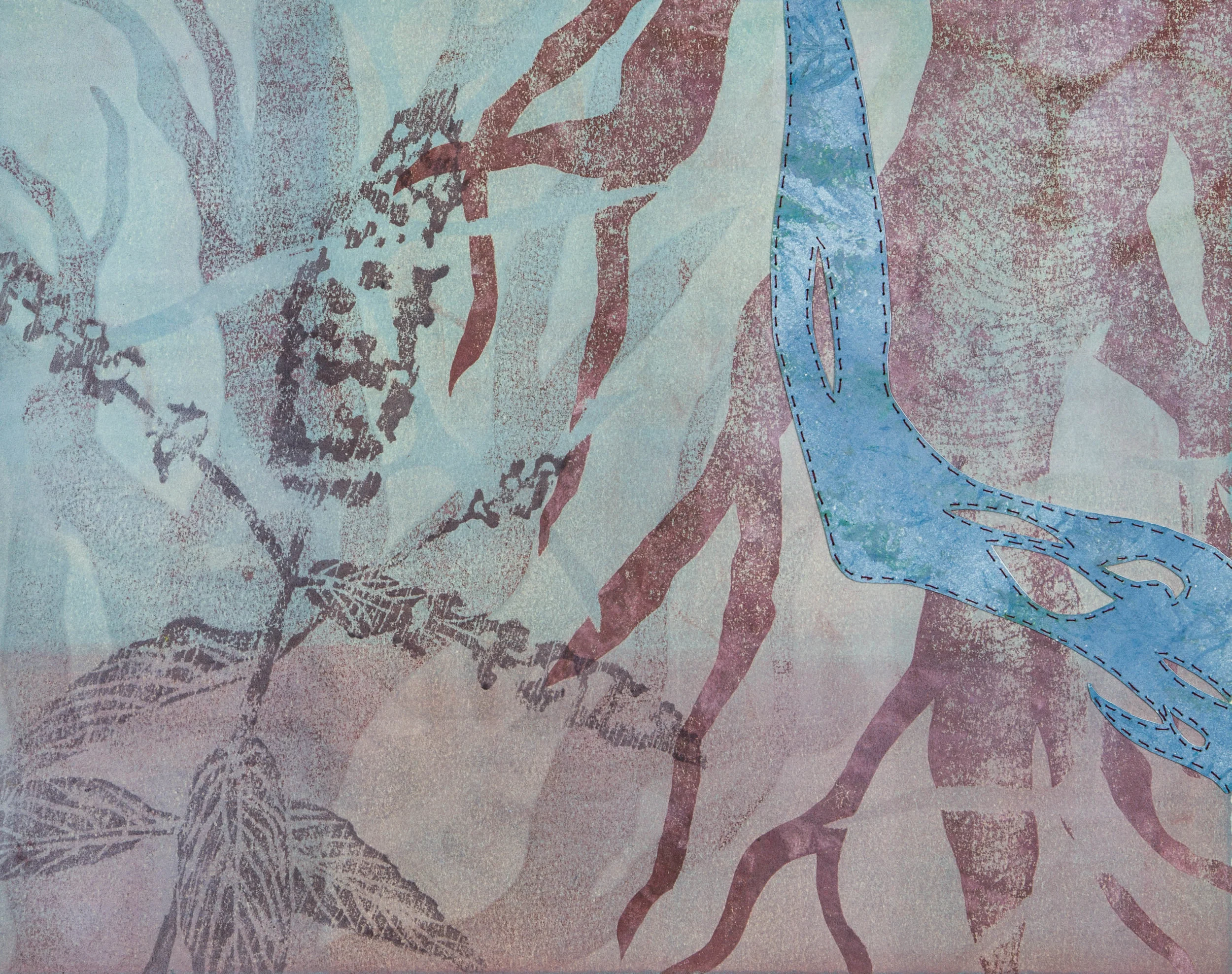 Transpire14" x 11"Relief, Pochoir, Drypoint, Monotype, Needle and Thread2017