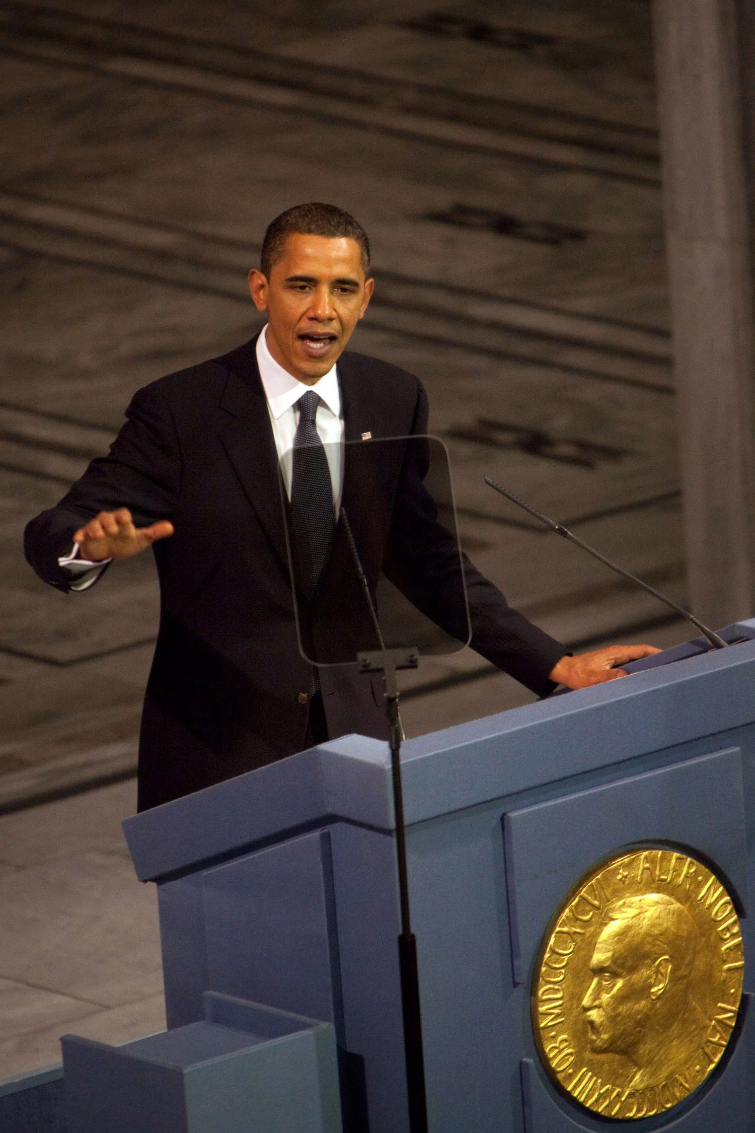 Peace prize winner, President Barack Obama talks after recieveing the Nobel Peace Prize during a ceremony in the city hall of Oslo, Norway, on Thursday, December 10, 2009. Photographer: Heidi Widerøe/Bloomberg News