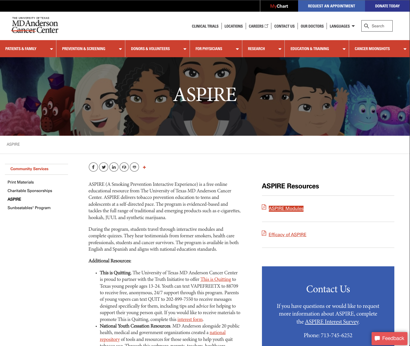 Screenshot of ASPIRE on MD Anderson's Website
