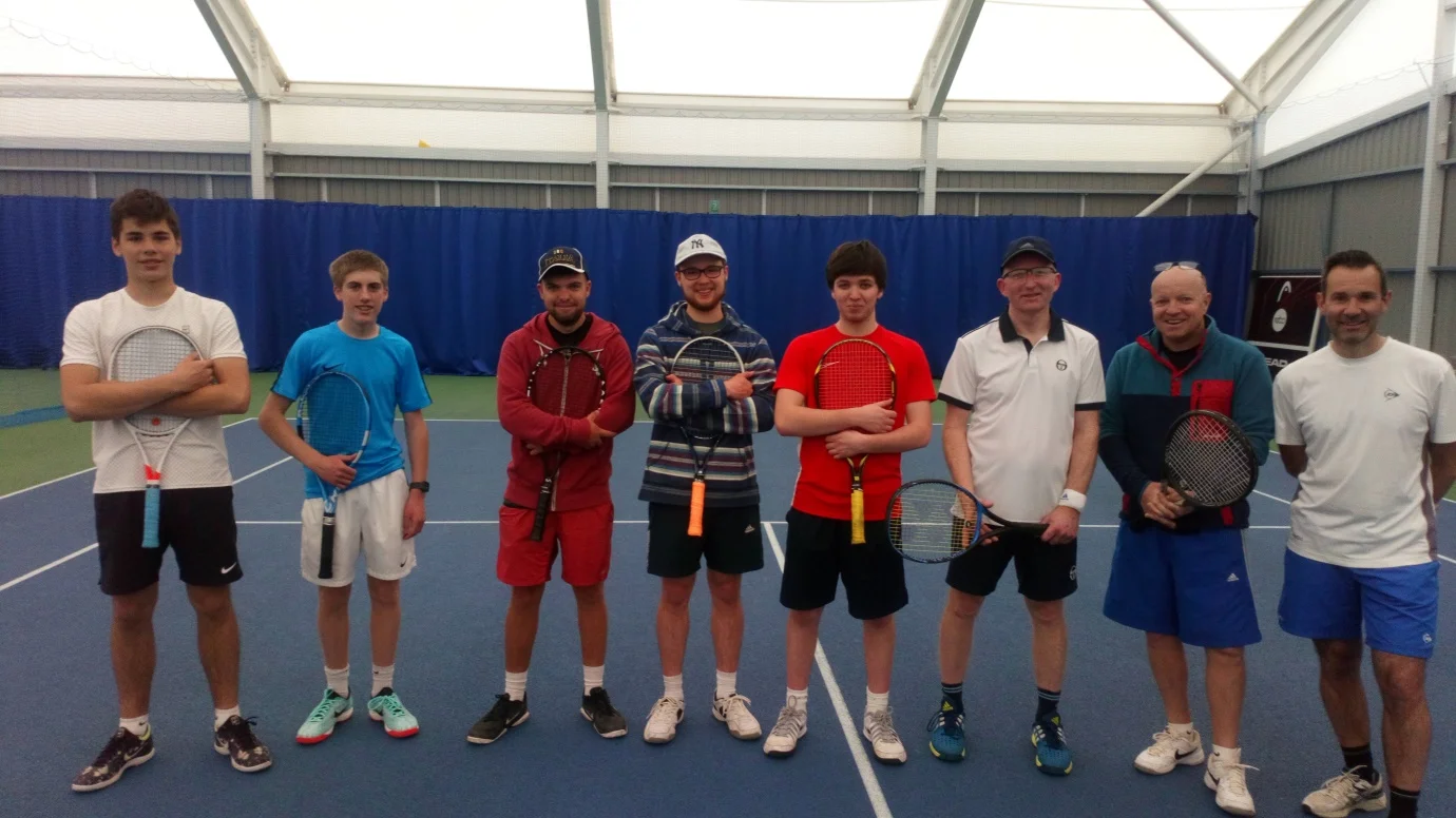 Kyrill Kennett, Myles Cole, George Beare, Gregor Corcoran, Harvey Stuart, Keith Robinson, Andy Snellgrove and Dan De Marco, indoors at Balksbury