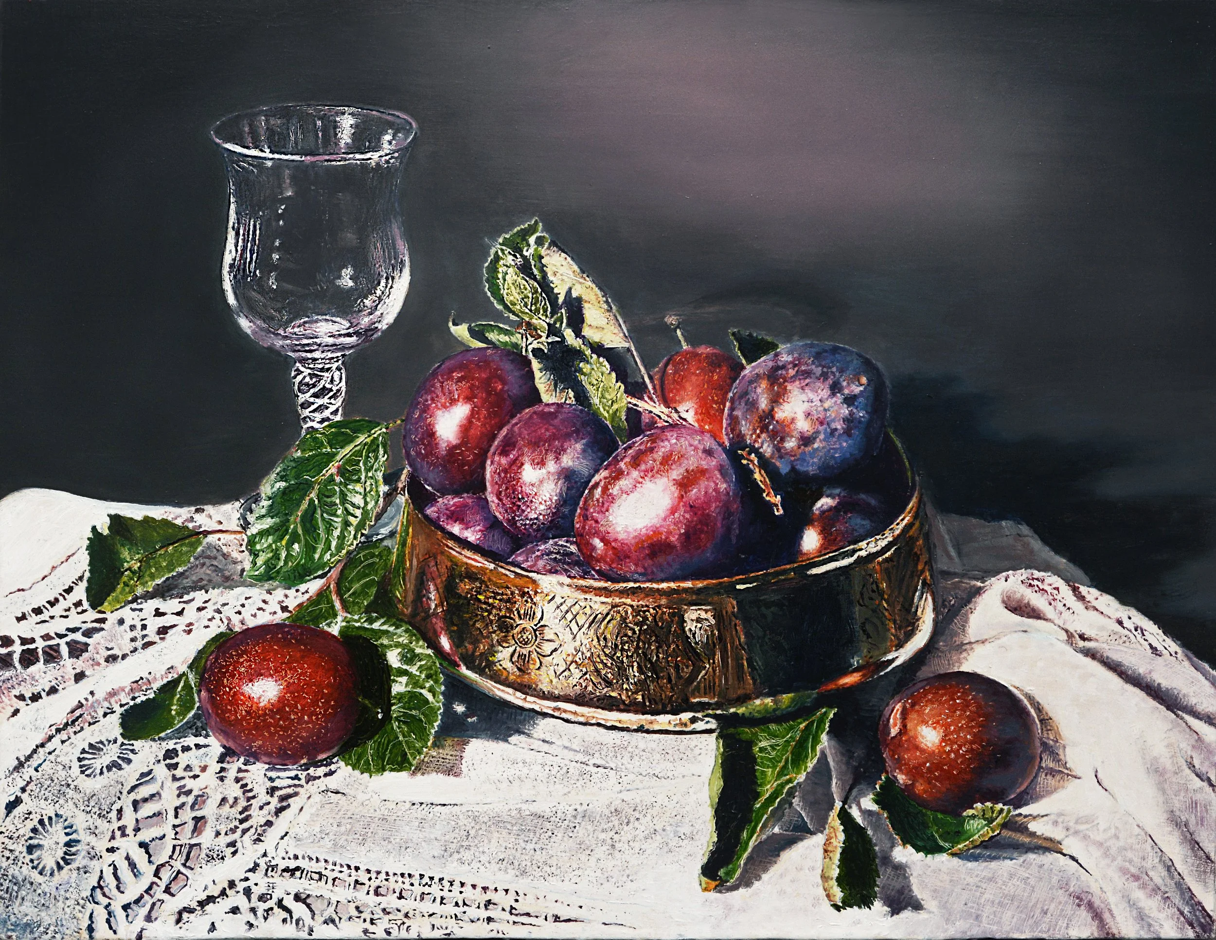'Plums in a brass bowl'