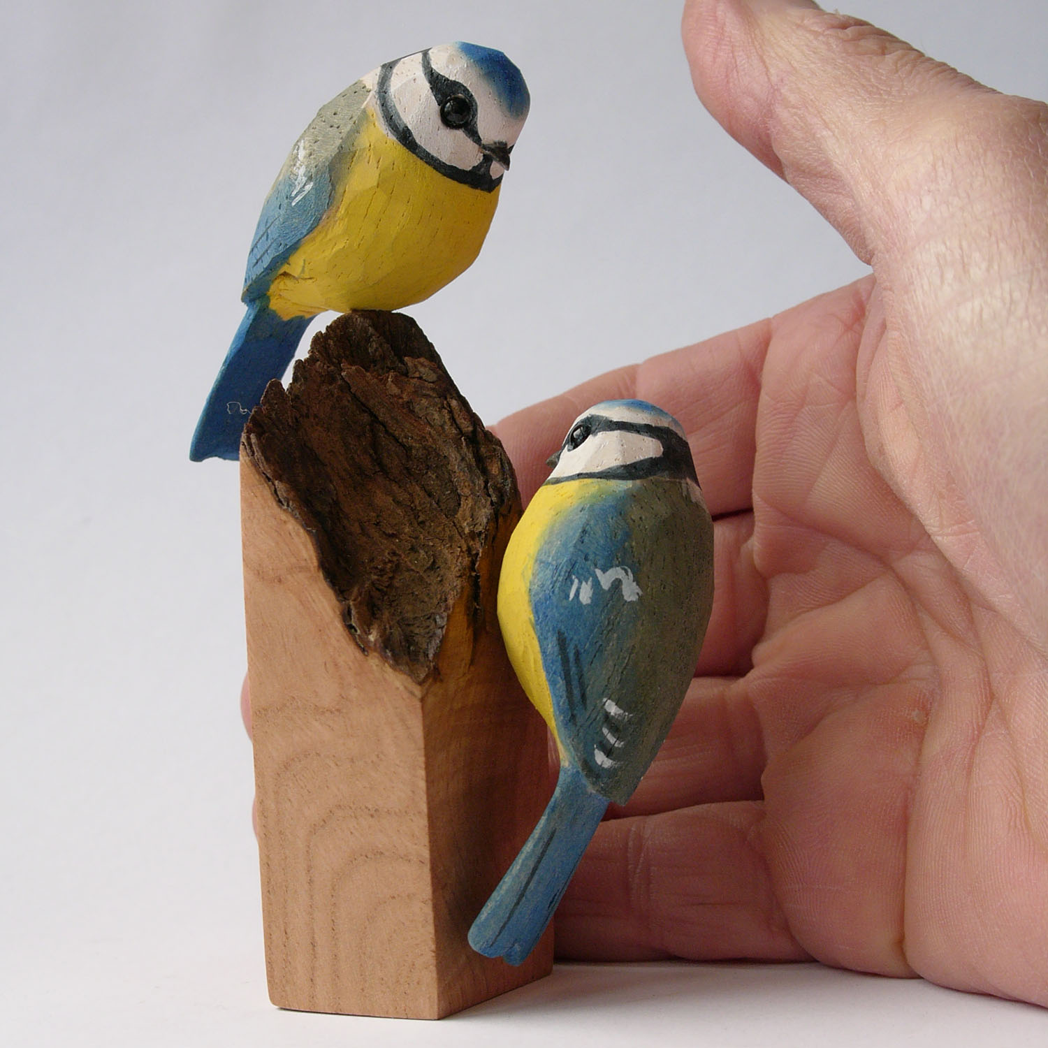  Blue Tits wooden painted birds on burr elm 6x4.2x11.5cm £198.00 
