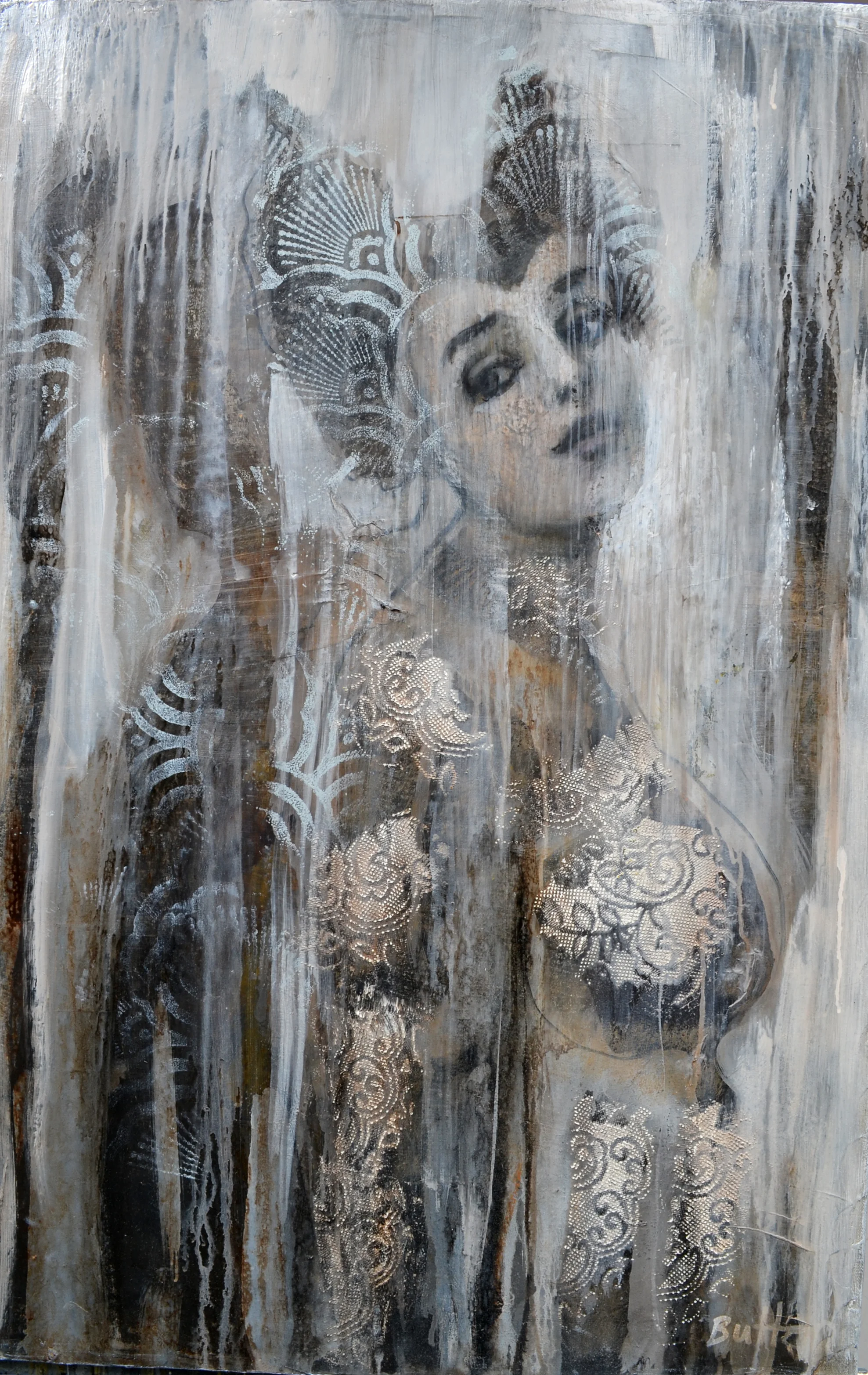 FALLEN ANGEL £1800 Oil & mixed media with collage on canvas 36 x 24 ins (91.44 x 60.96 cms)