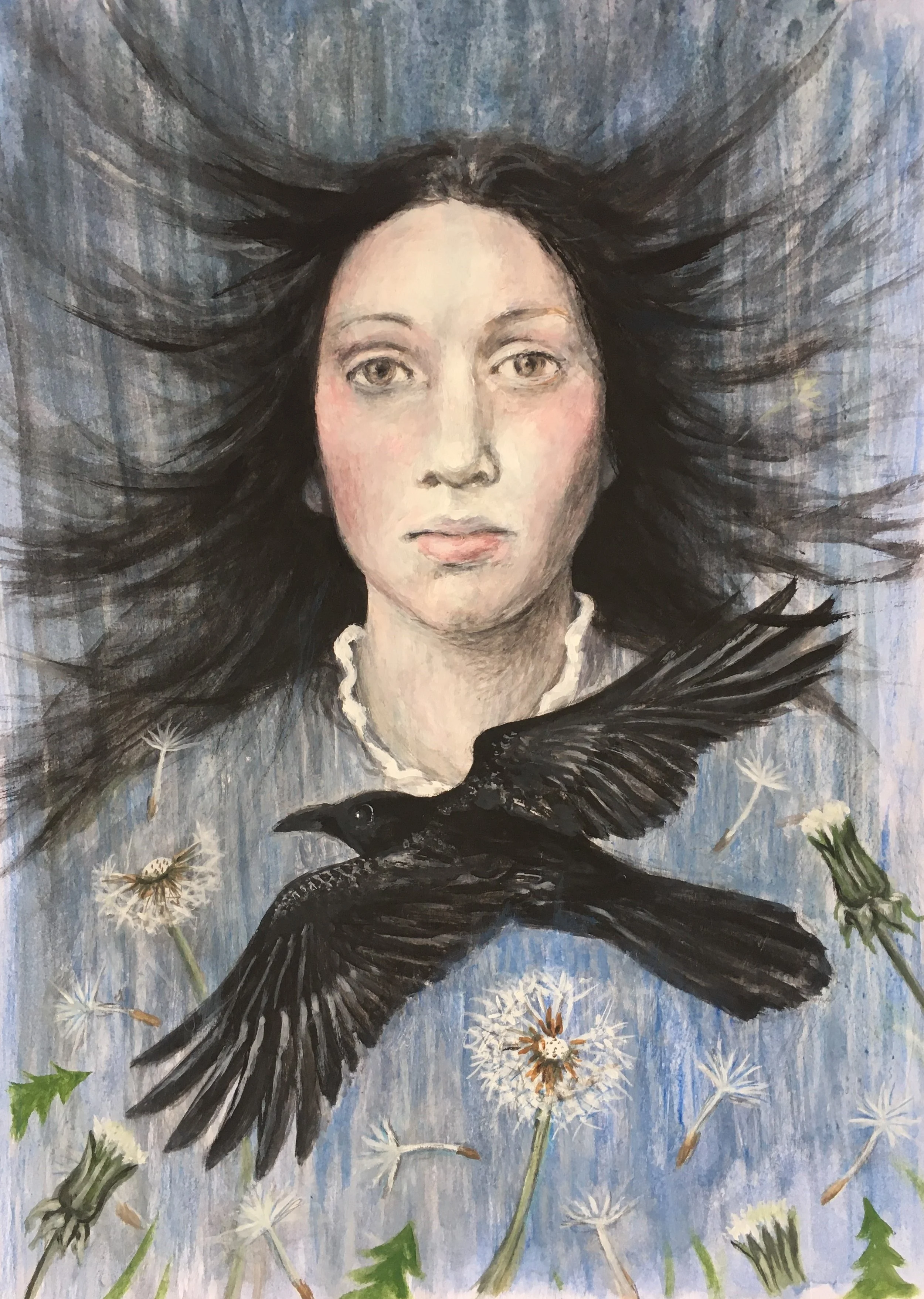 Girl, with clocks and crow.JPG
