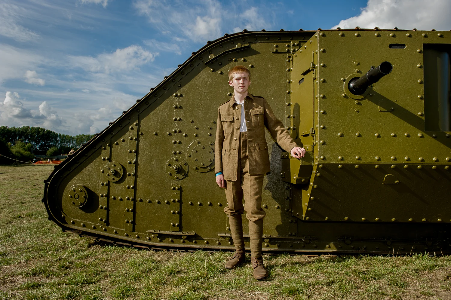 Re-enactor near replica of WW1 Mark 1 tank