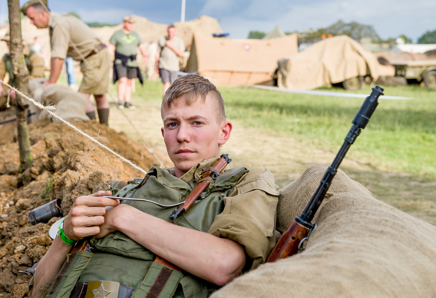 Re-enactor resting, War and Peace show, Kent