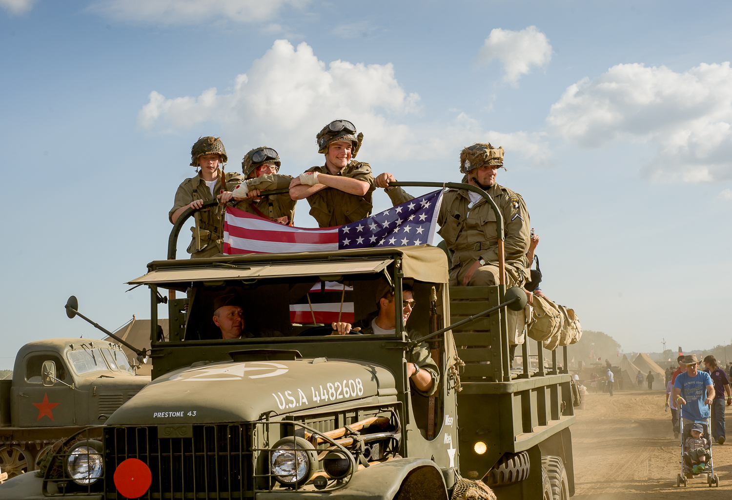  Re-enactors on armoured vehicle, War and Peace show, Kent 