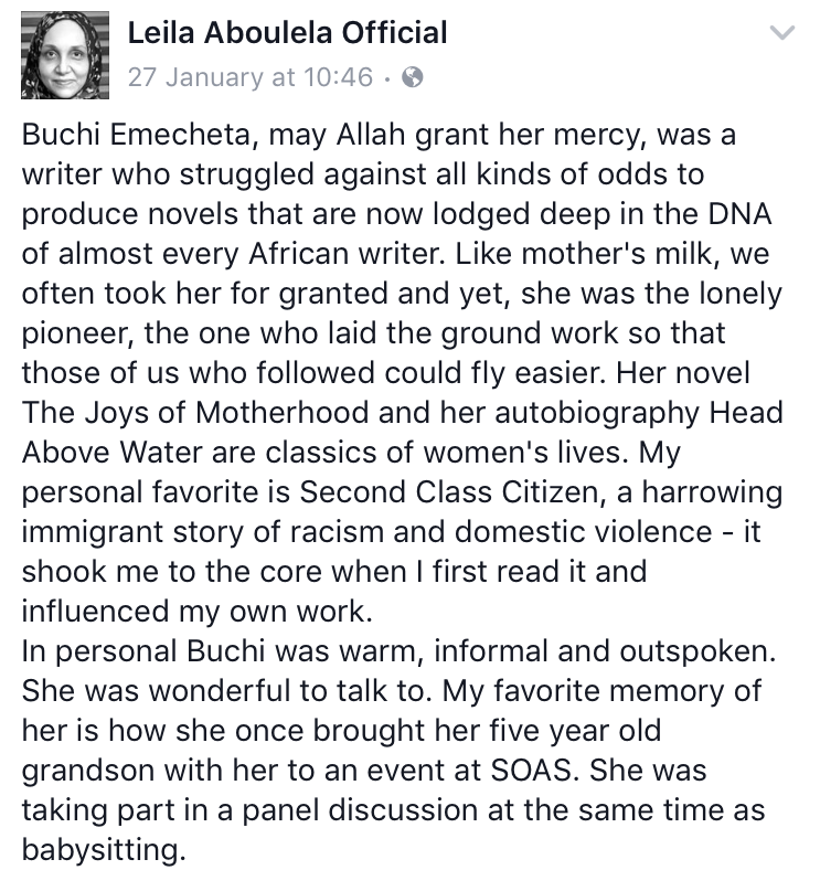 Leila Aboulela, winner of Caine Prize 2000 and served as judge for 2013 prize, fondly recollects Buchi Emecheta's influence on African writers.