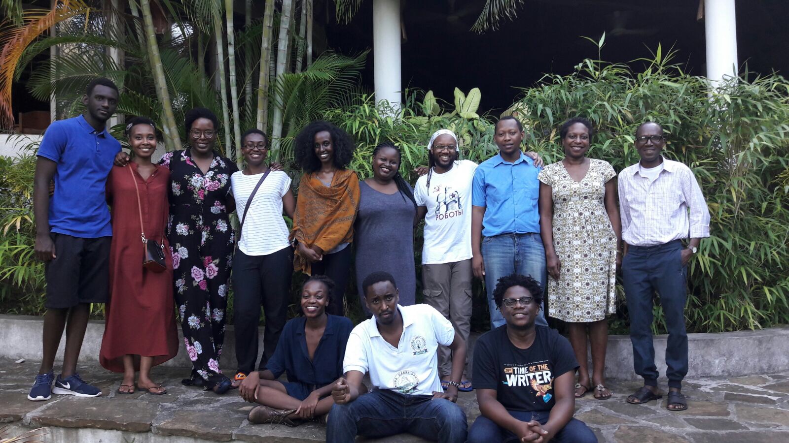 Top row: Daniel Rafiki (Rwanda), Darla Rudakubana (Rwanda), Lesley Nneka Arimah (Nigeria), Cheryl Ntumy (Botswana/Ghana), Agazit Abate (Ethiopia), Esther Karin Mngodo (Tanzania), Tendai Huchu (Zimbabwe), Zaka Riwa (Tanzania), Elise Dillsworth (workshop facilitator) and Mohammed Naseehu Ali (workshop facilitator) Bottom row: Lydia Kasese (Tanzania), Abdul Adan (Somalia/Kenya) and Lidudumalingani (South Africa)