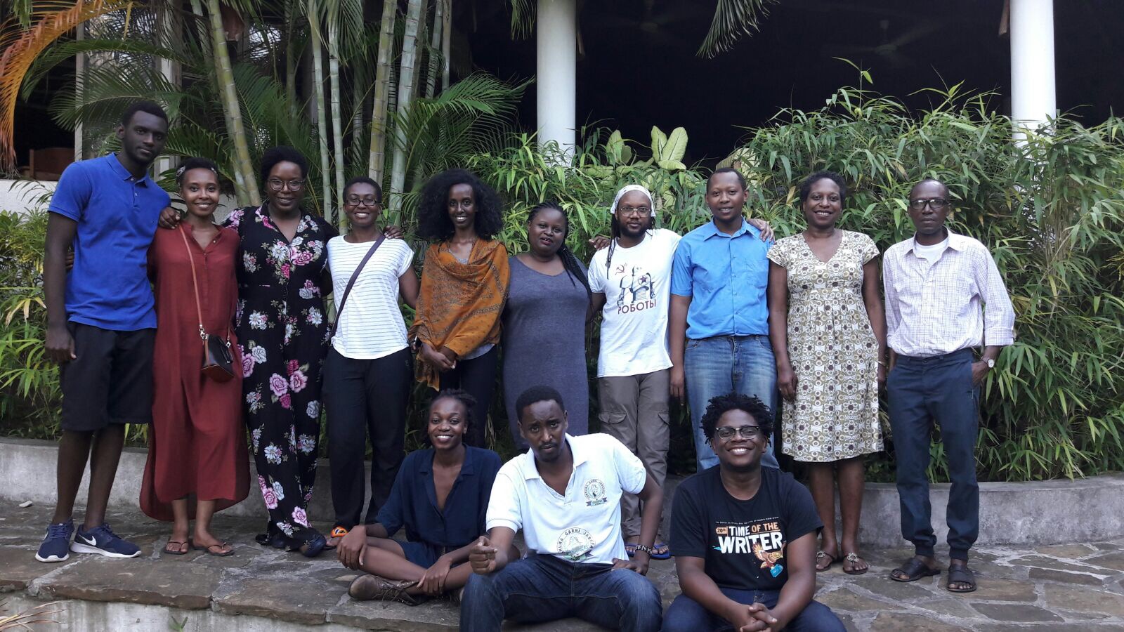 Participants for the 2017 Caine Prize Workshop in Bagamoyo, Tanzania. Top row: Daniel Rafiki (Rwanda), Darla Rudakubana (Rwanda), Lesley Nneka Arimah (Nigeria), Cheryl Ntumy (Botswana/Ghana), Agazit Abate (Ethiopia), Esther Karin Mngodo (Tanzania), Tendai Huchu (Zimbabwe), Zaka Riwa (Tanzania), Elise Dillsworth (workshop facilitator) and Mohammed Naseehu Ali (workshop facilitator). Bottom row: Lydia Kasese (Tanzania), Abdul Adan (Somalia/Kenya) and Lidudumalingani (South Africa)