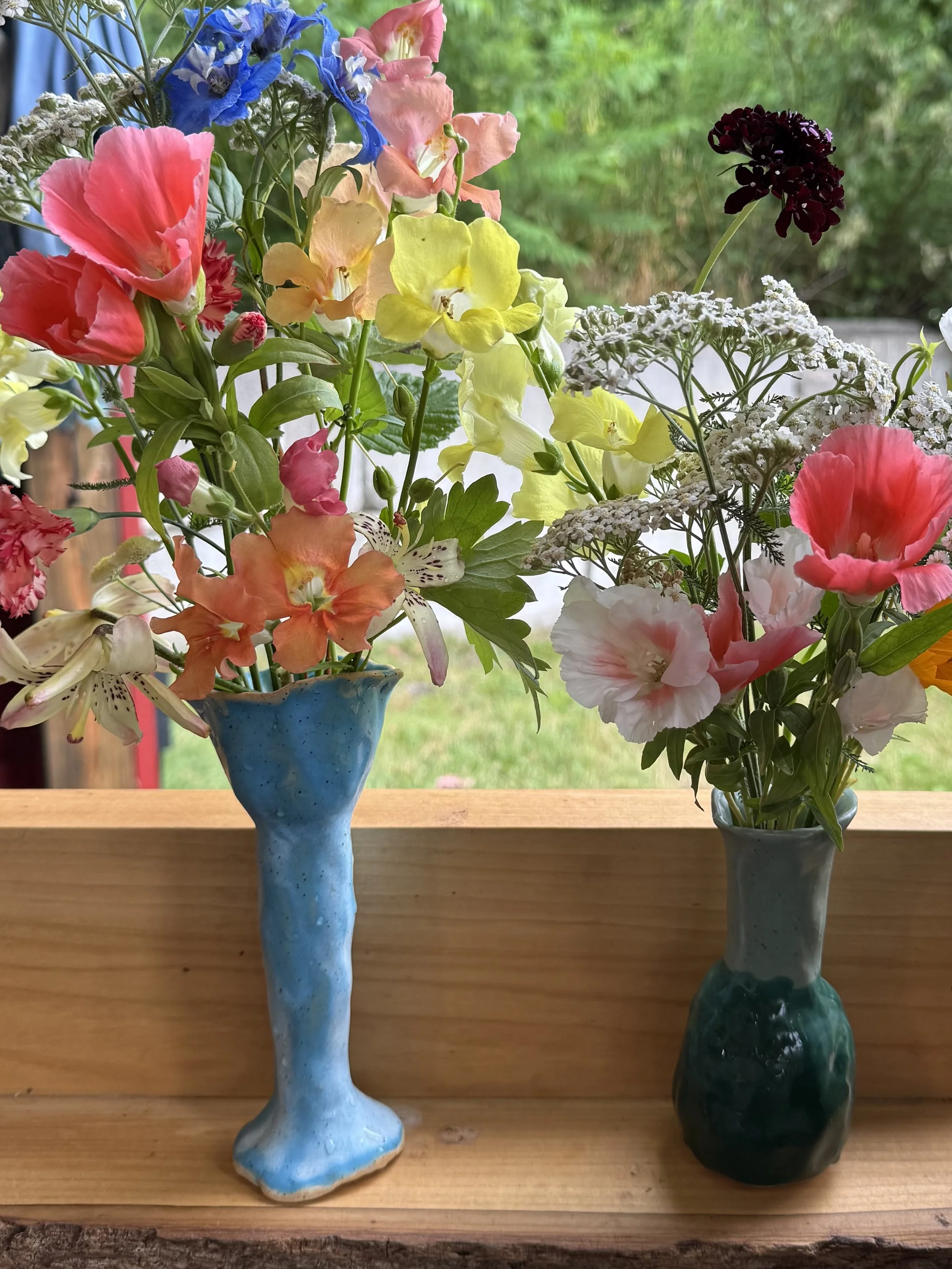 blue & green bud vase with neon flowers.jpg