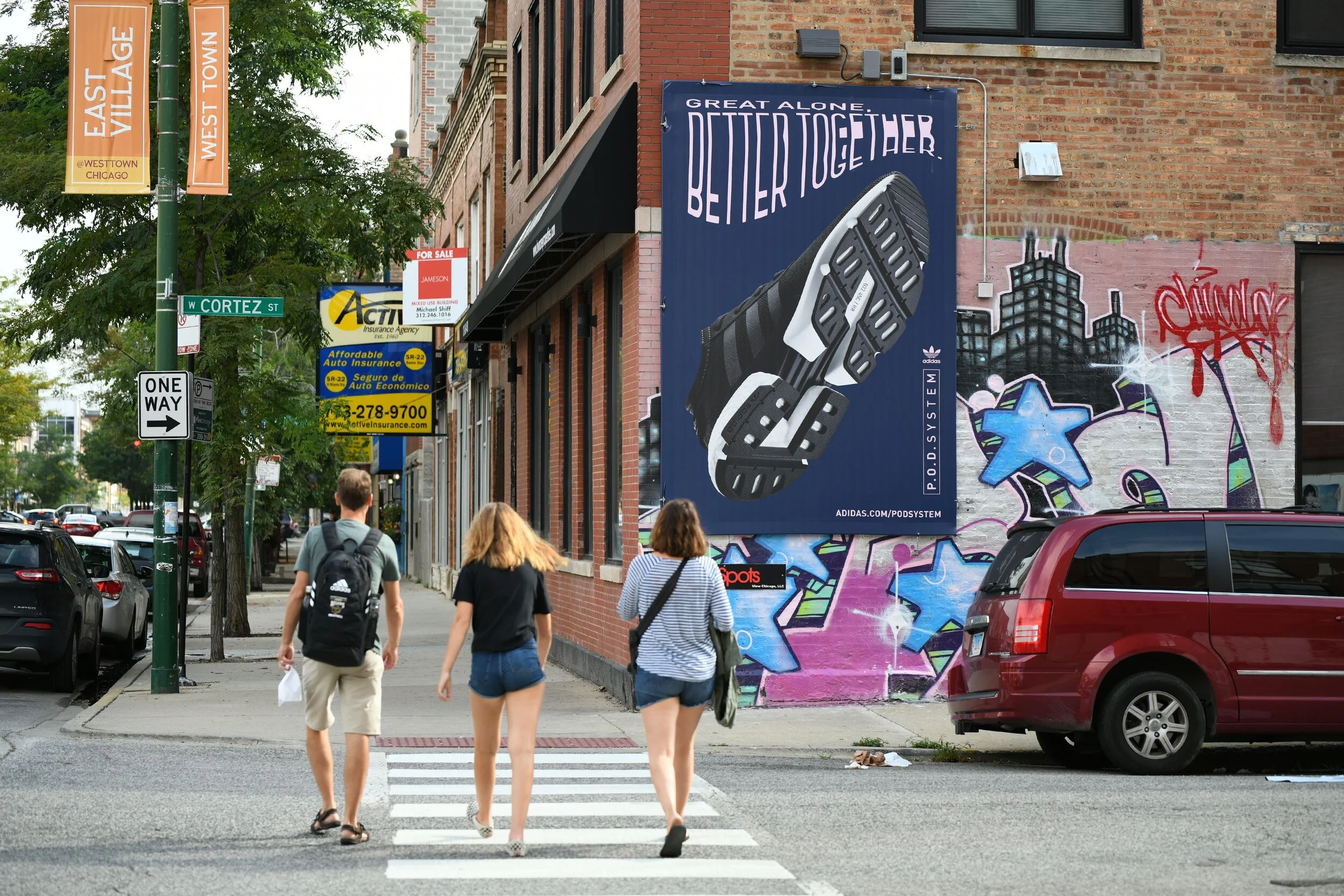 Chicago neighborhood HotSpot advertising placement for Adidas with bold creative near pedestrian and vehicle traffic