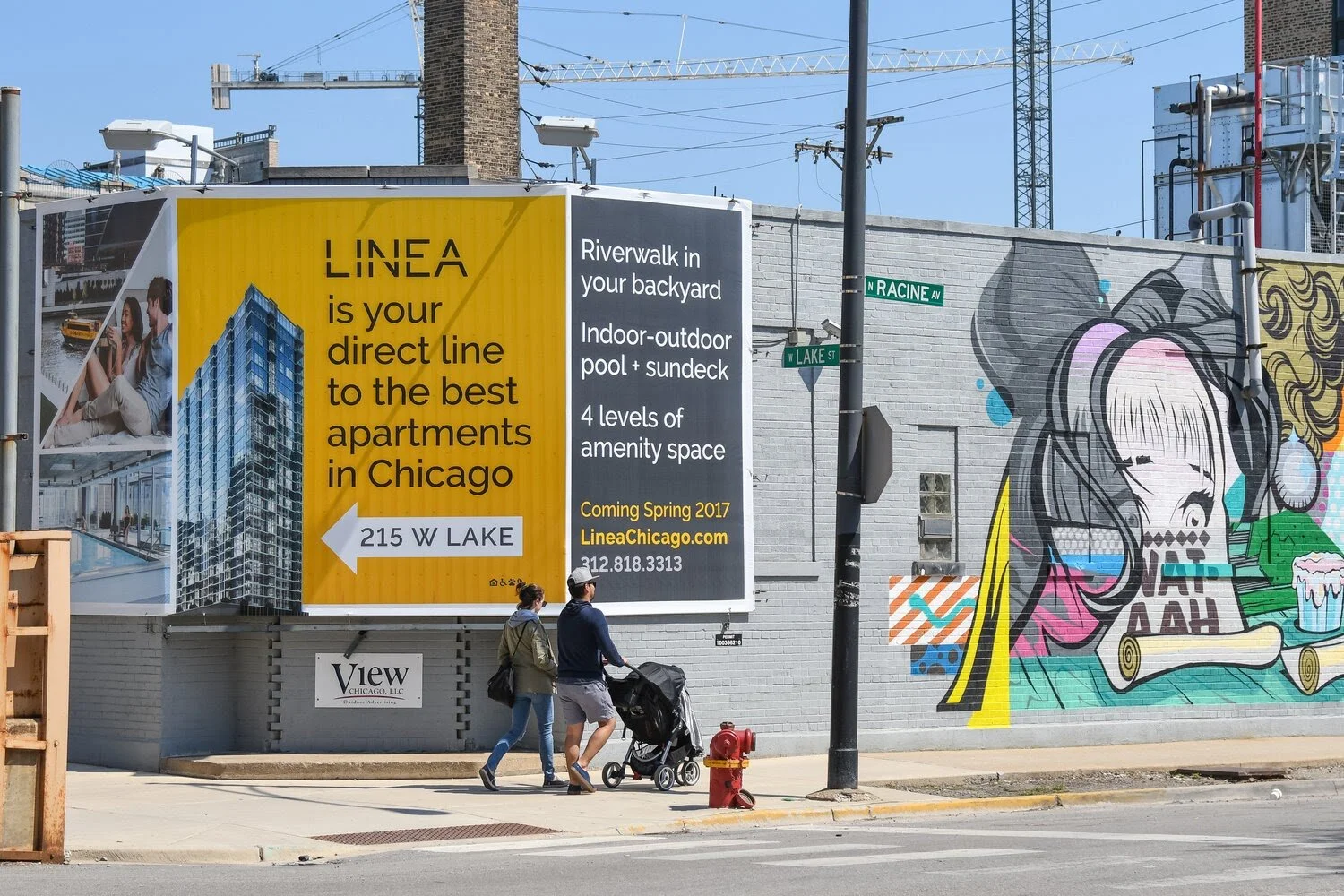Linea apartment billboard campaign displayed near Chicago street art to show neighborhood-based OOH advertising