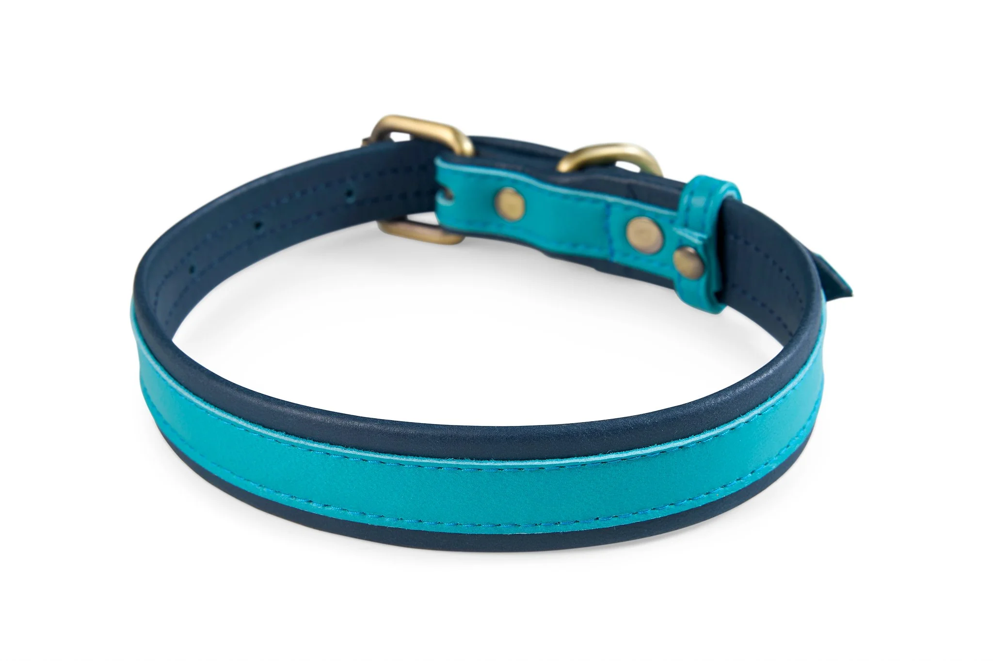 Navy and cyan 2 tone leather dog collar with brass buckle and D-ring