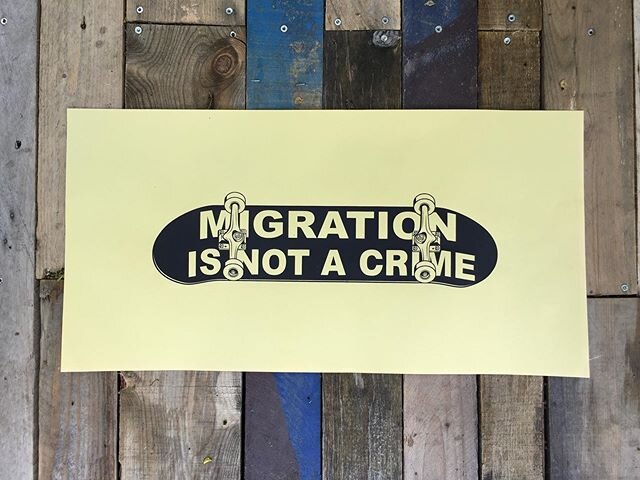 &ldquo;Migration is not a crime.&rdquo; This design is inspired by the classic skateboard design, &ldquo;Skateboarding is not a crime&rdquo;, and is meant to convey the message that people who are immigrating to the US are not criminals, but are peop