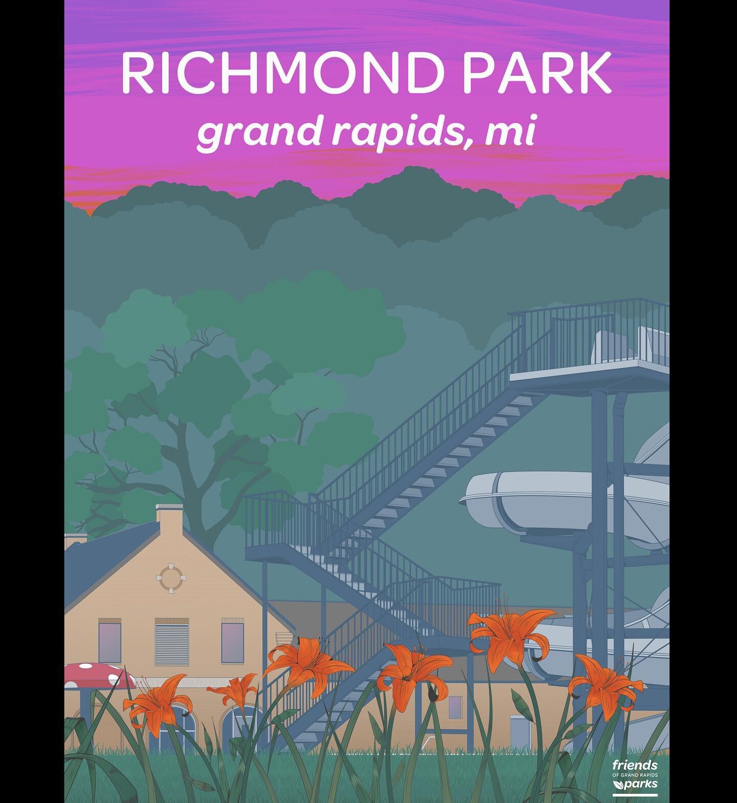 Friends of Grand Rapids Parks poster release and giveaway today! I teamed up with FGRP to design this 12&rdquo;x16&rdquo; poster of Richmond Park, which is available for purchase on their website, friendsofgrparks.org. I also have two posters to give