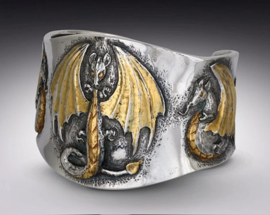 "A Fire Breathing Dragon" - " 1.75" Silver and Gold Cuff Bracelet