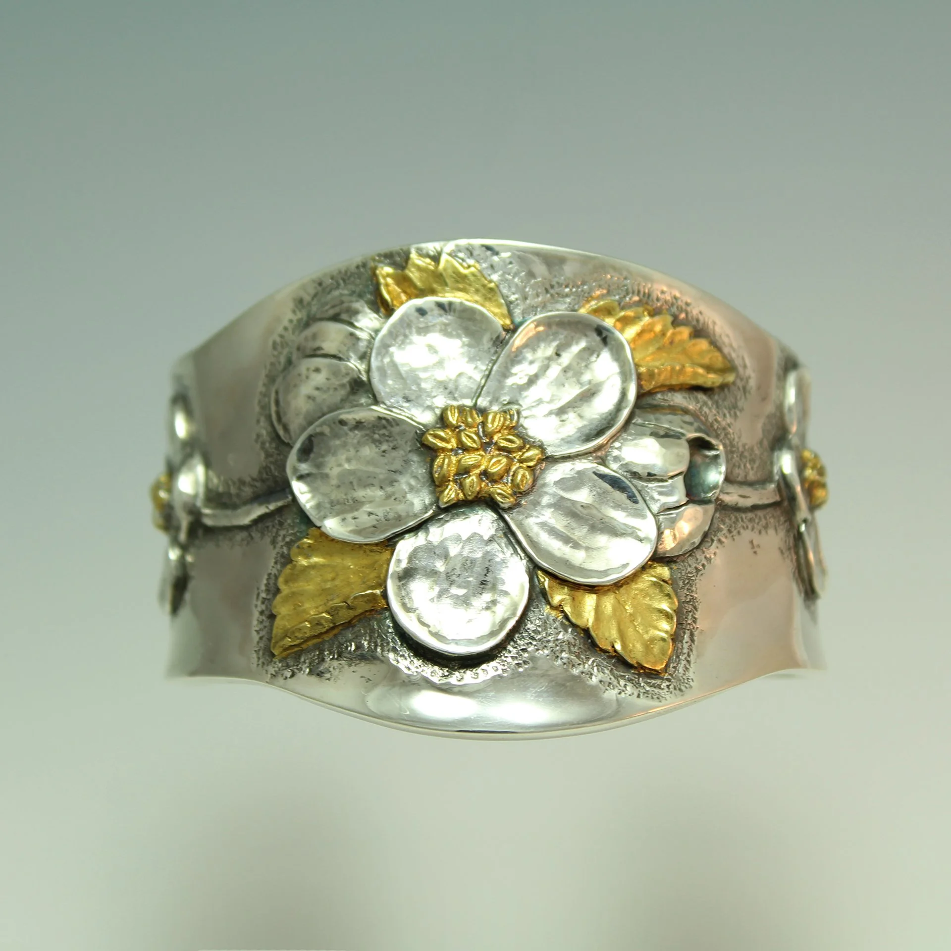 Sterling Silver and Gold Apple Blossoms Cuff Bracelet