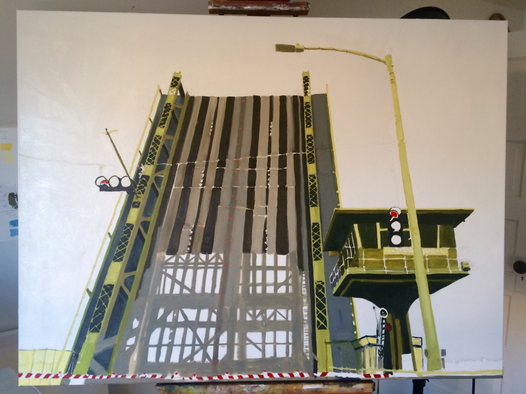 Lucky to be the first car in line as the Ballard Bridge went up...my camera captured a stunning spectacle and an iconic image for a painting. Just started this big piece: 48"x36". 