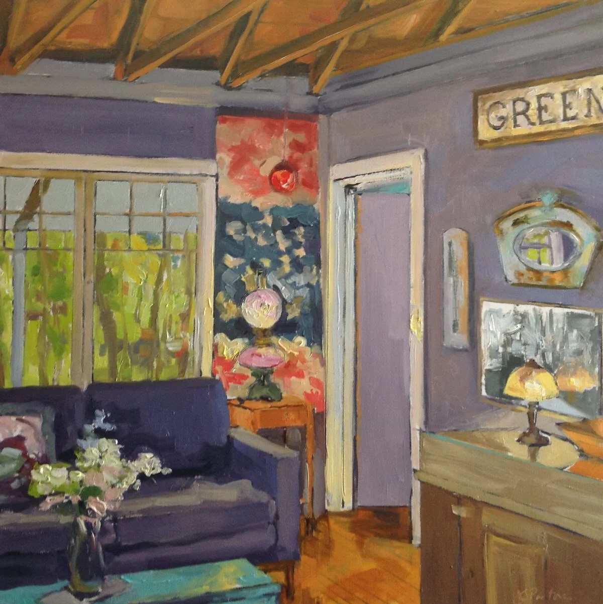 Tiny Camp commissioned in 2015 by Dr. Wendy Aronson, New York, NY “I've summered in Tiny Camp for 67 years. It's got a bathtub on feet, and my baby-bed-after-my-crib. It's a surrogate for the family I no longer have. Jeanine's grandfather taught me to swim longer ago than I care to admit. We're neighbors, and share a lifetime of reminiscence. When I saw the paintings Jeanine did of her own Camp, I instantly knew I needed her to paint mine. A friend said that Jeanine's interiors "look like Alice Neel is painting rooms." Emotionally intense, the pictures convey passing time.... portraits of rooms now only in our memories. Her perspective surprises; her inclusions and omissions enhance; her color sense charms. Jeanine's work is figurative, but it is done with an expressionist's hand. It is unmistakably contemporary.”