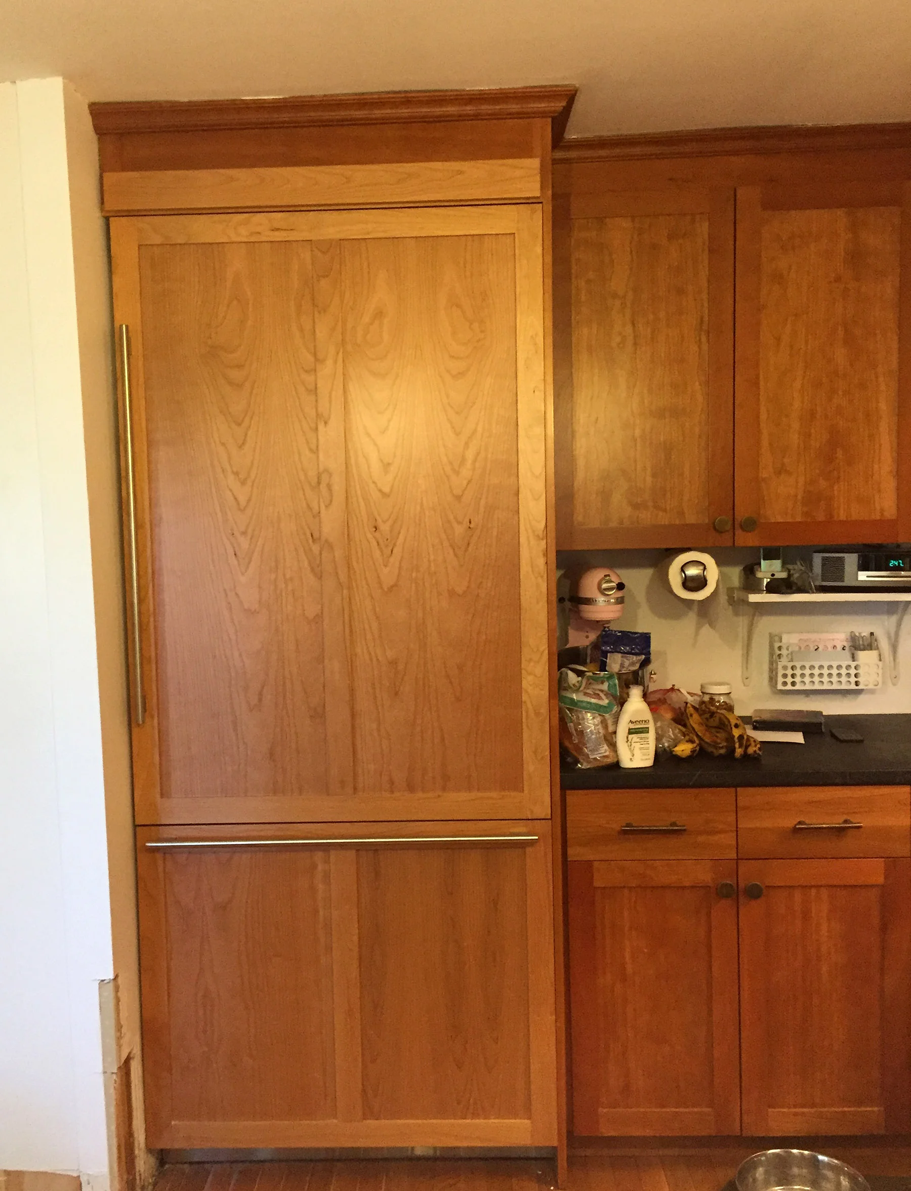 NEW: Thermodore 36: single door; custom panels to match my cherry wood cabinets, SubZero handles (Thermodore handles are really bulky and unattractive)