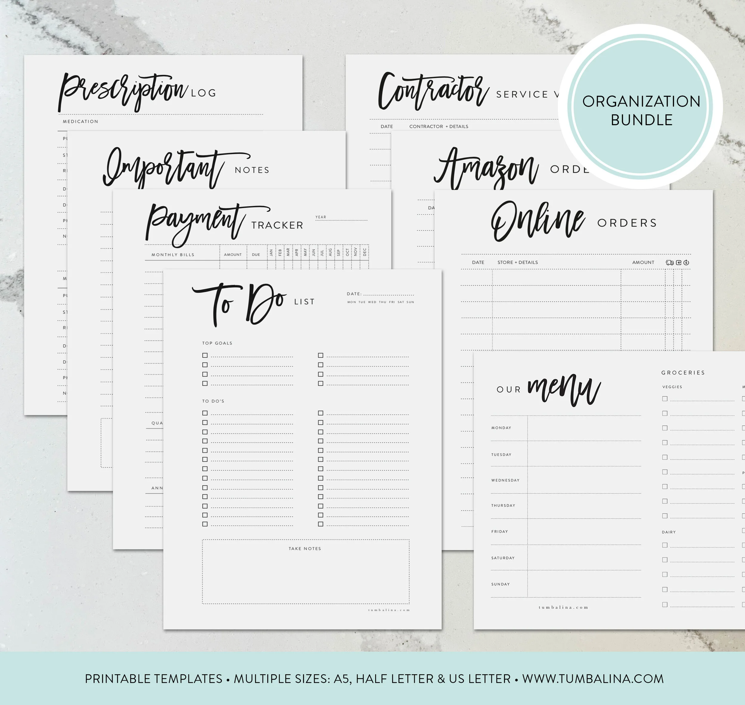 8 Piece Script Organize my Home Life Printable Bundle