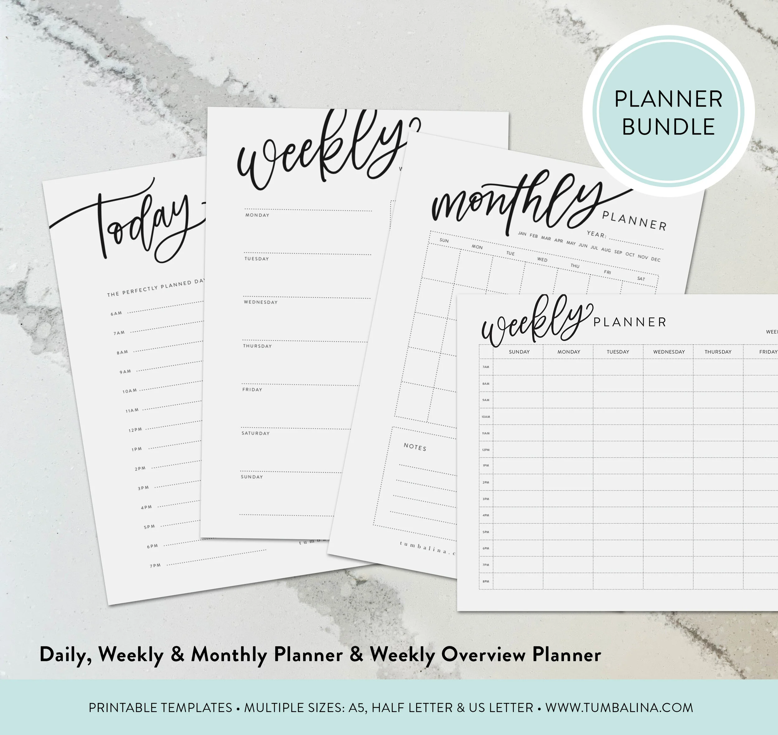 Daily, Weekly, Monthly Hand-Lettered Printable Planning Bundle