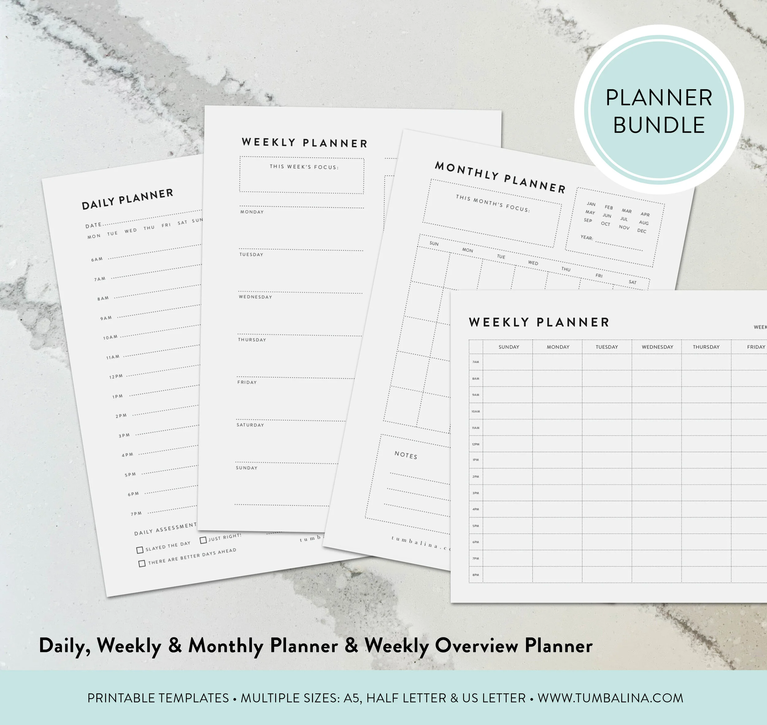 Daily, Weekly, Monthly Minimalist Printable Planning Bundle