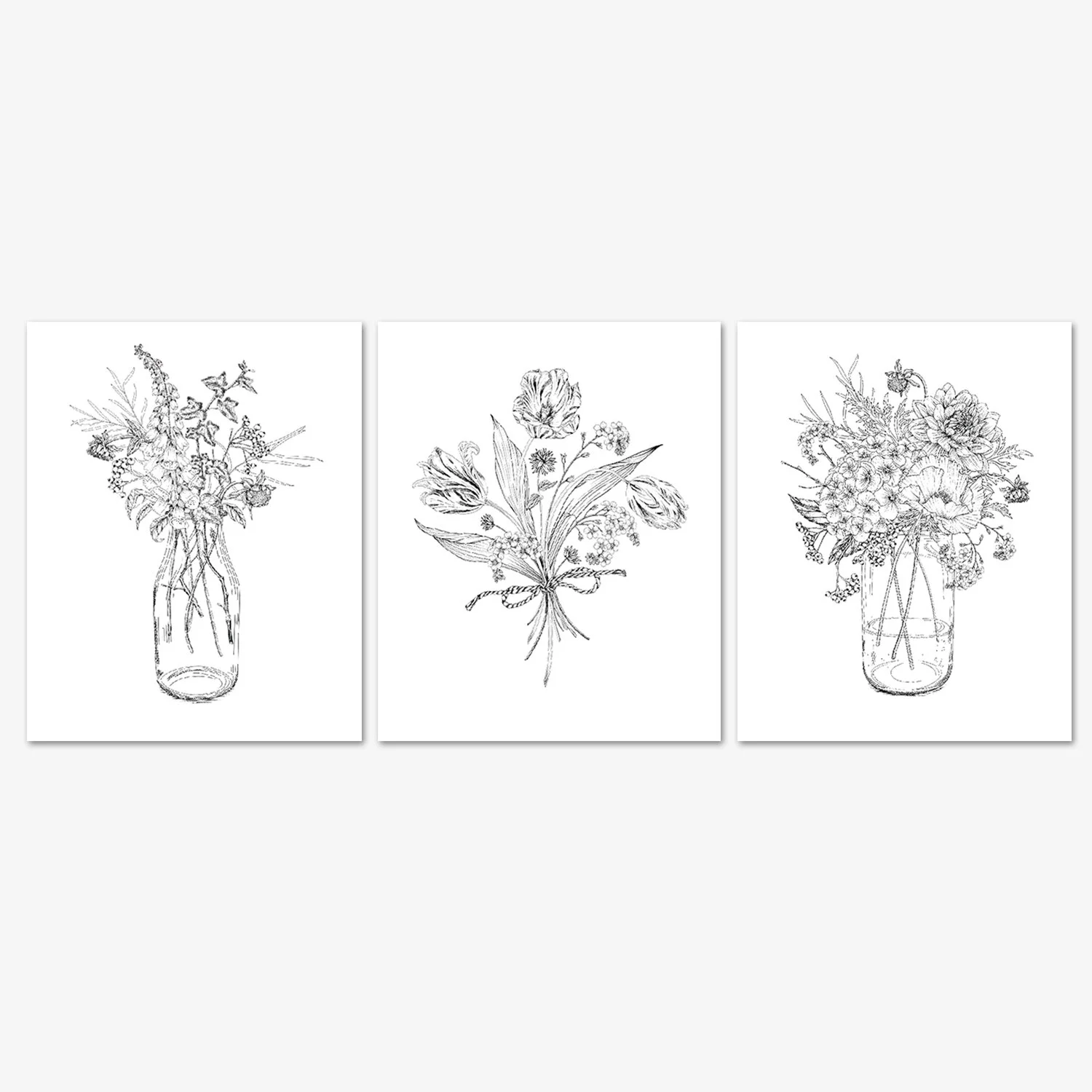 Black and White Botanical Line Drawing Wall Art