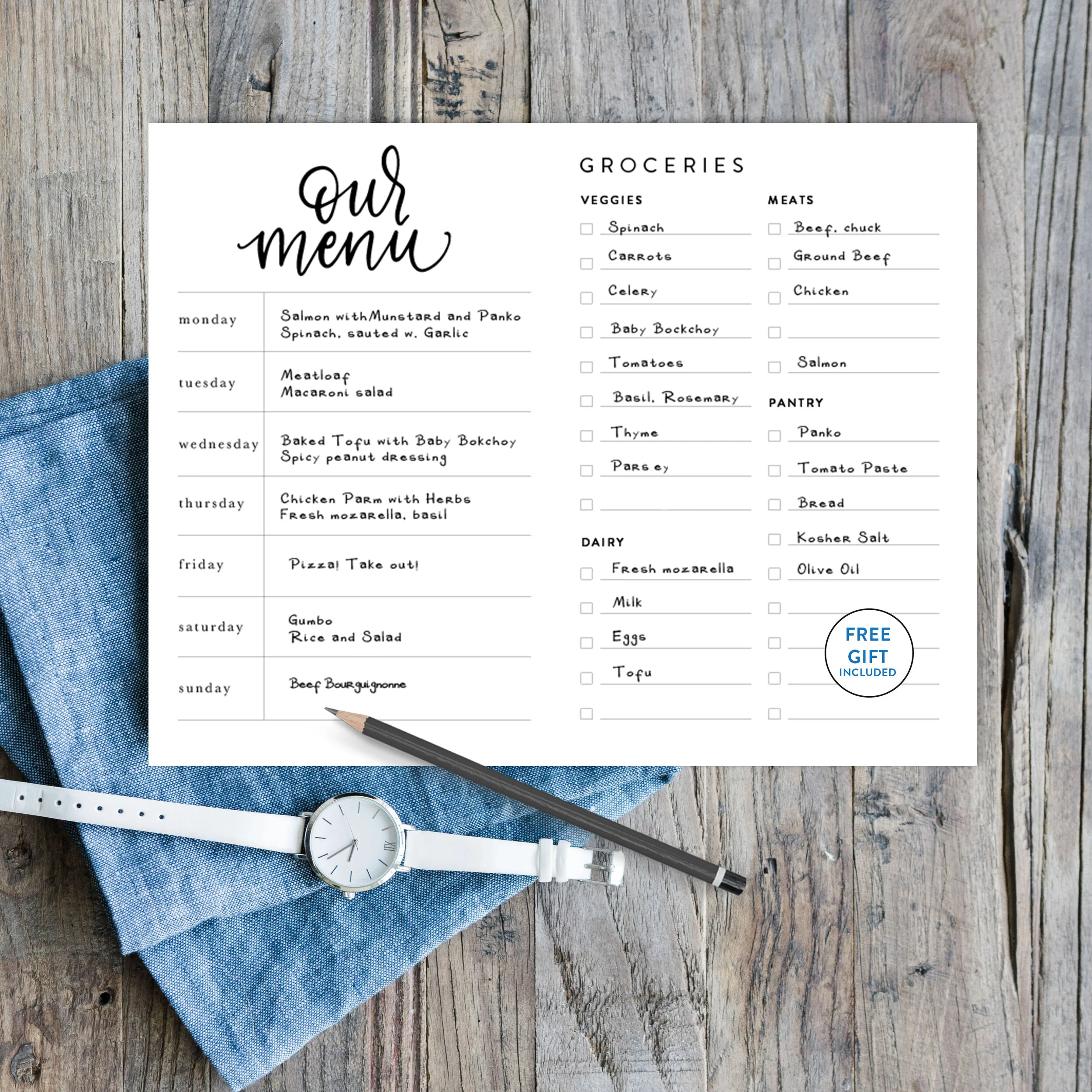 Printable Menu Planner Hand-Lettered Printable Organizer