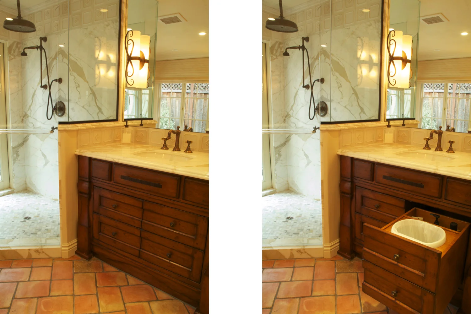Custom bathroom design and flooring with herringbone, Tahoe