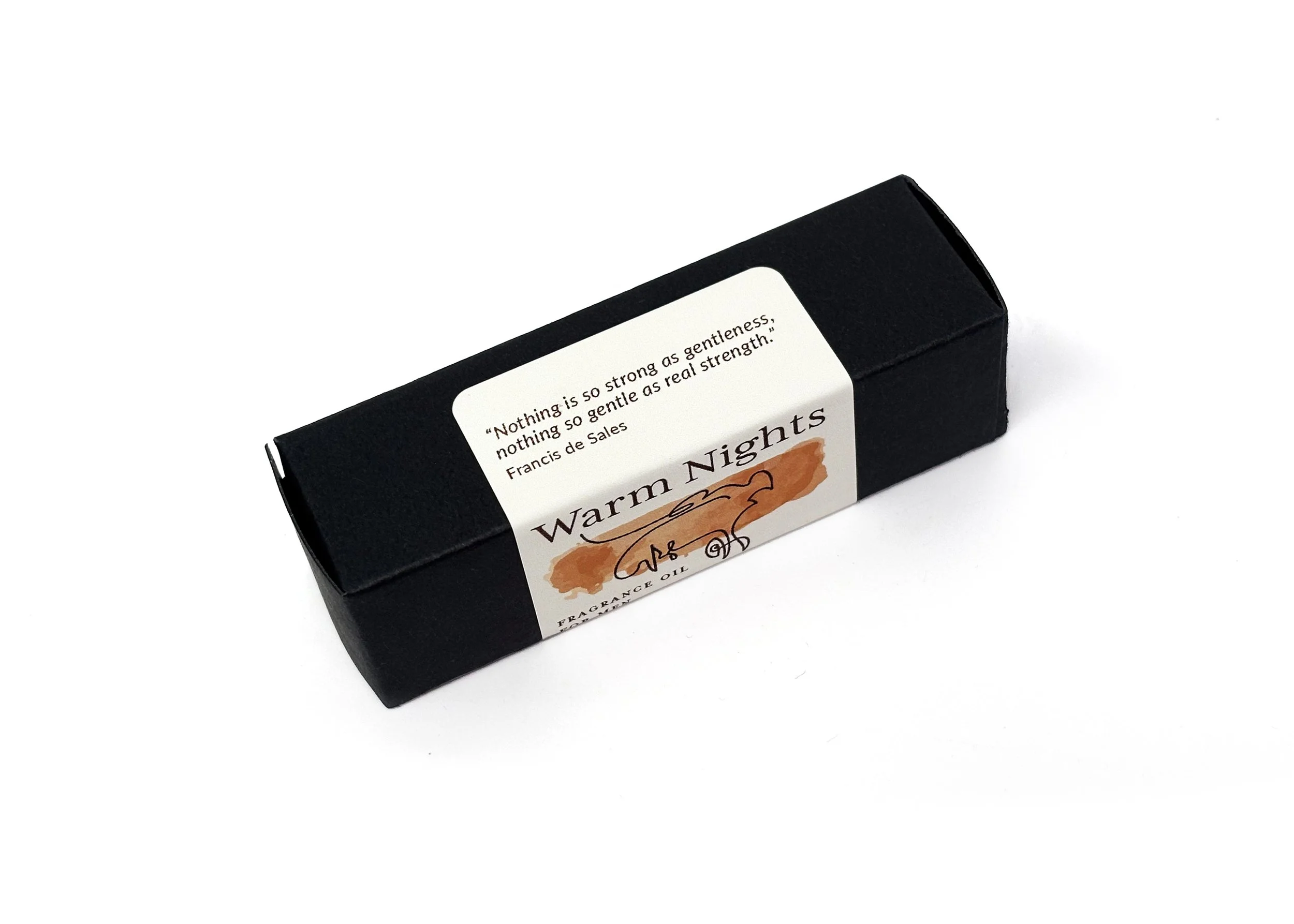 Warm Nights natural fragrance oil for men in roll-on bottle with packaging, made with therapeutic-grade essential oils in organic MCT oil, highlighting warm, seductive tones.