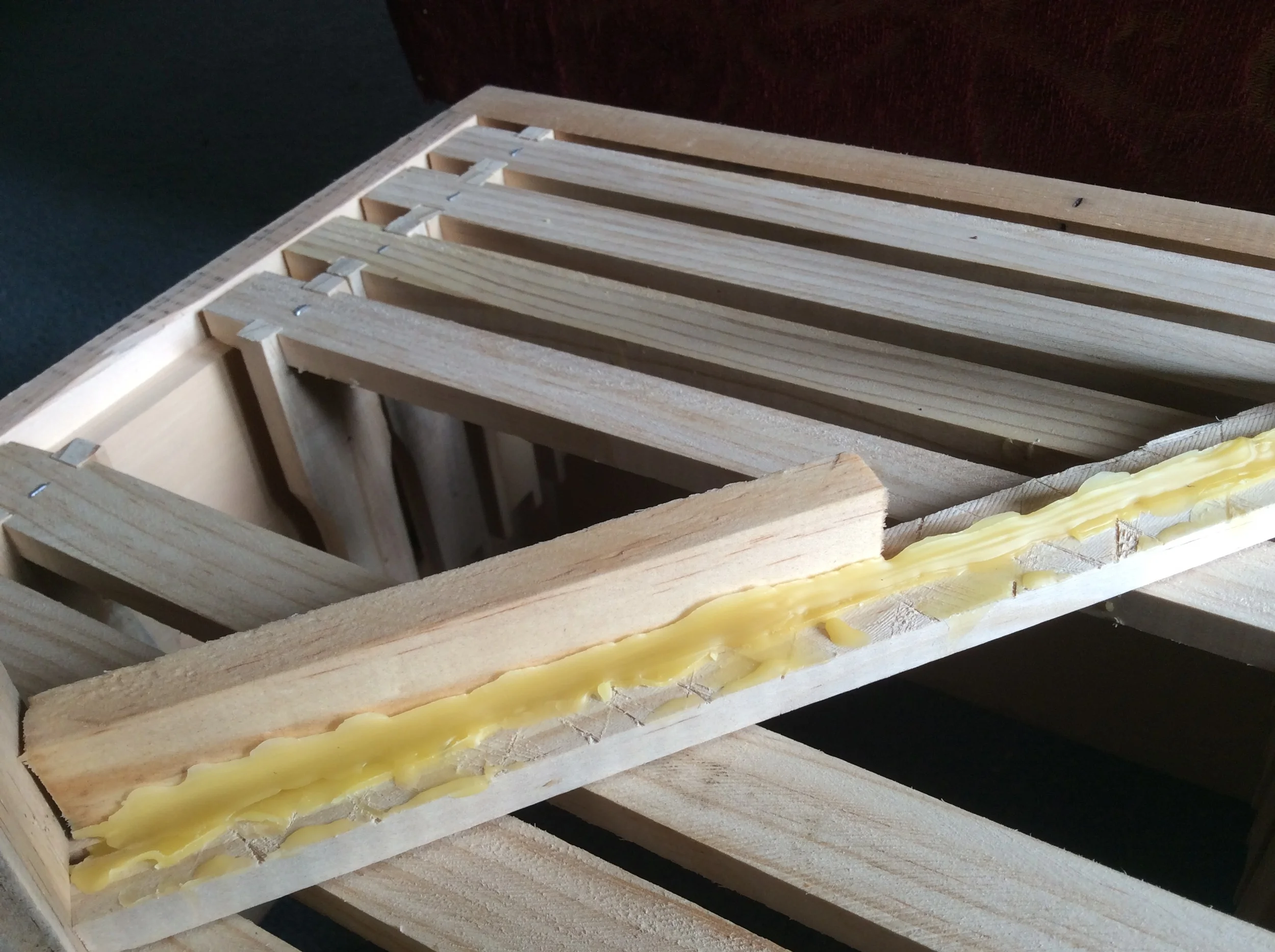 Wax starter strip on Warre frame using a wet strip of wood as a guide