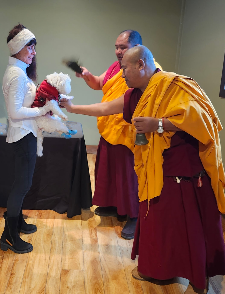 2 monks blessing dog