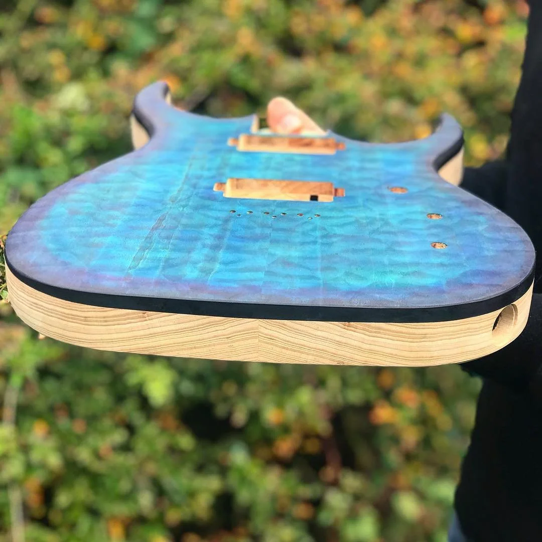 Nice and crisp blue burst looks great against the swamp ash. This one is ready for an oil finish now, before final assembly.