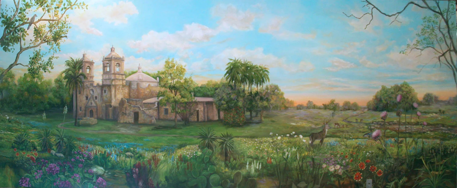 4 foot by 10 foot mural commissioned by FirstMark Credit Union. The mural depicts an imagined time at the historic Mission Concepcion in San Antonio, Texas.
