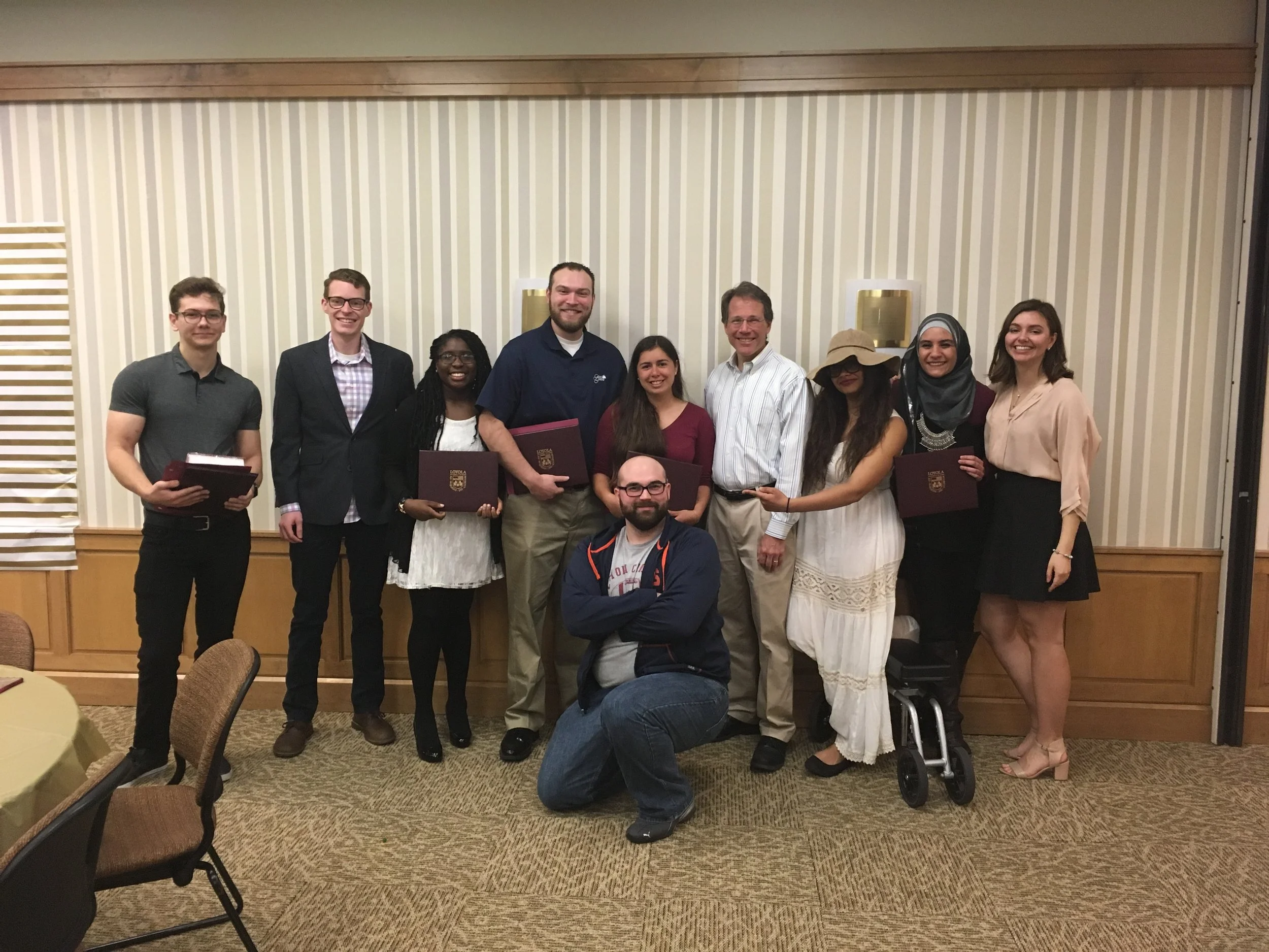  Becker Lab group photo at the Chemistry and Biochemistry Departmental Awards Ceremony on April 19, 2017. Pictured from left to right: Max Moore, Peter Thoresen, Ademilola Tejuoso, JR Godlewski, Rachel Torrez, Dr. Becker, Yasmine Payne, Imand Darwish