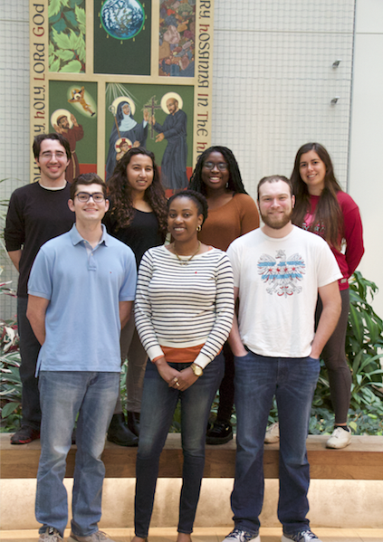 Dr. Tahirah Heath (bottom row, center) with her undergraduates: Top row, left to right: Michael Serwetnyk, Claire Herbert, Ademilola Tejuoso, and Rachel Torrez Bottom row, left to right: Anthony Baroud and JR Godlewski