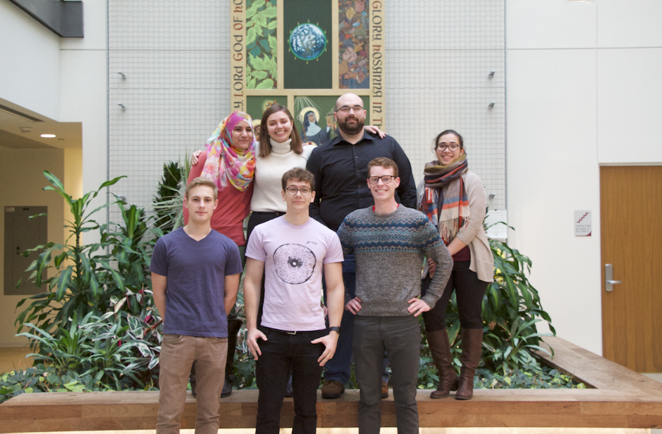 Dr. Cory Reidl (top row, center right) with his undergraduate students Top row, from left to right: Iman Darwish, Yuliya Politanska, and Estefany Guzman Bottom row: Denis Cipurko, Max Moore, and Peter Thoresen