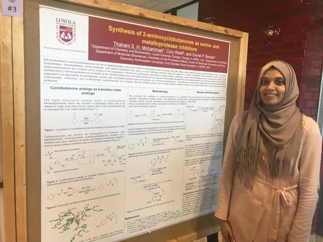 Thahani Shifna presenting her poster on the synthesis of 2-aminocyclobutanones as serine- and metalloprotease inhibitors at the 33rd annual Denkewalter Lecture on October 11, 2018